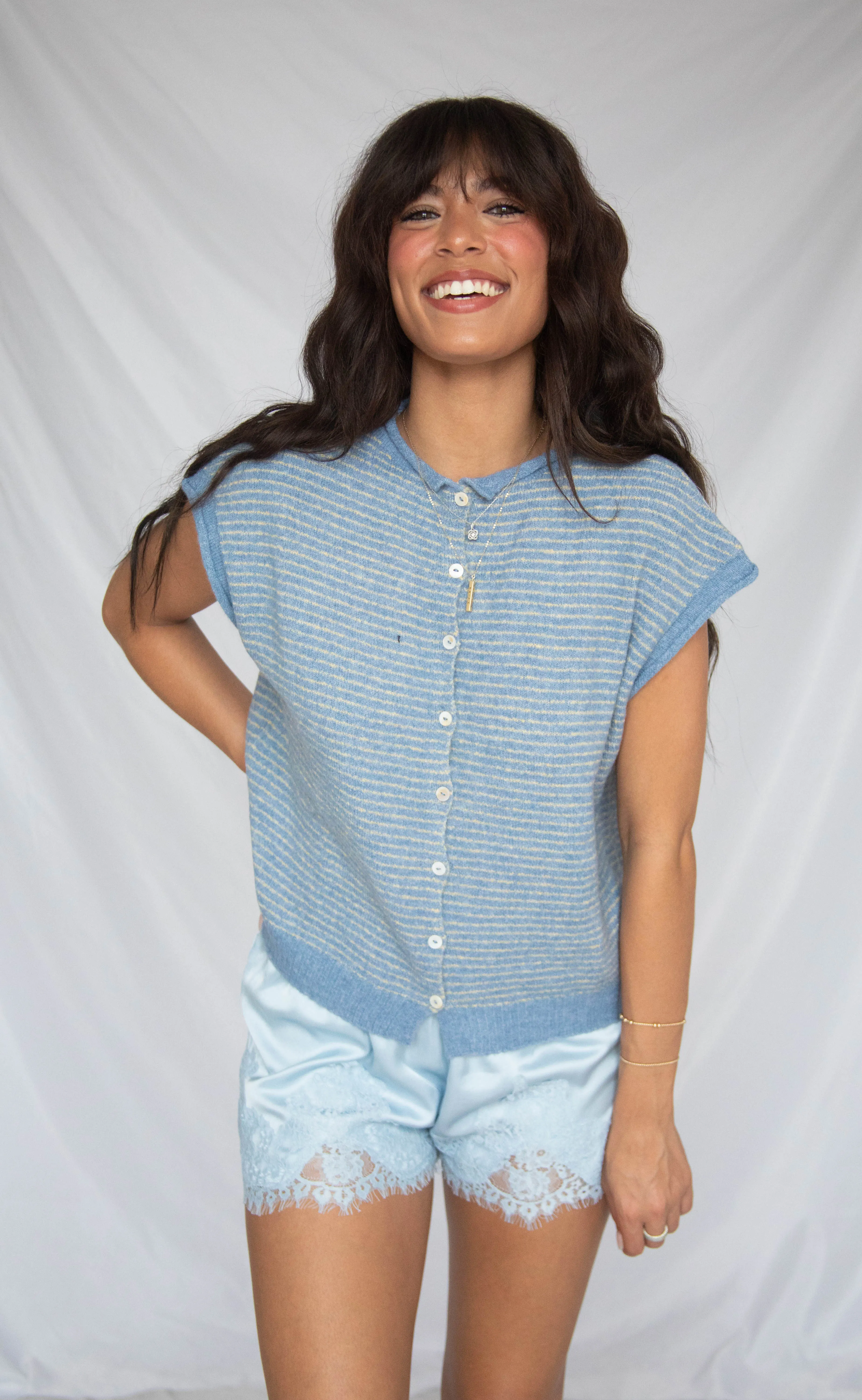our hearts are free cardigan - dusty blue stripe sold by RIFFRAFF