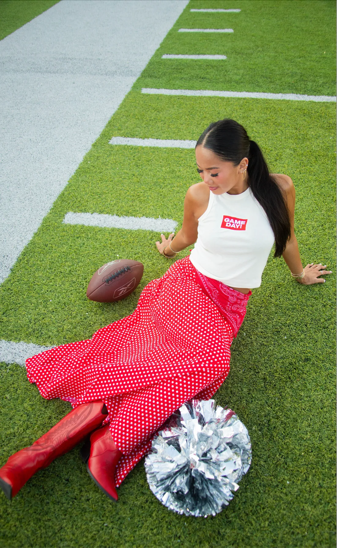 friday + saturday: gameday embroidered tank - red sold by RIFFRAFF