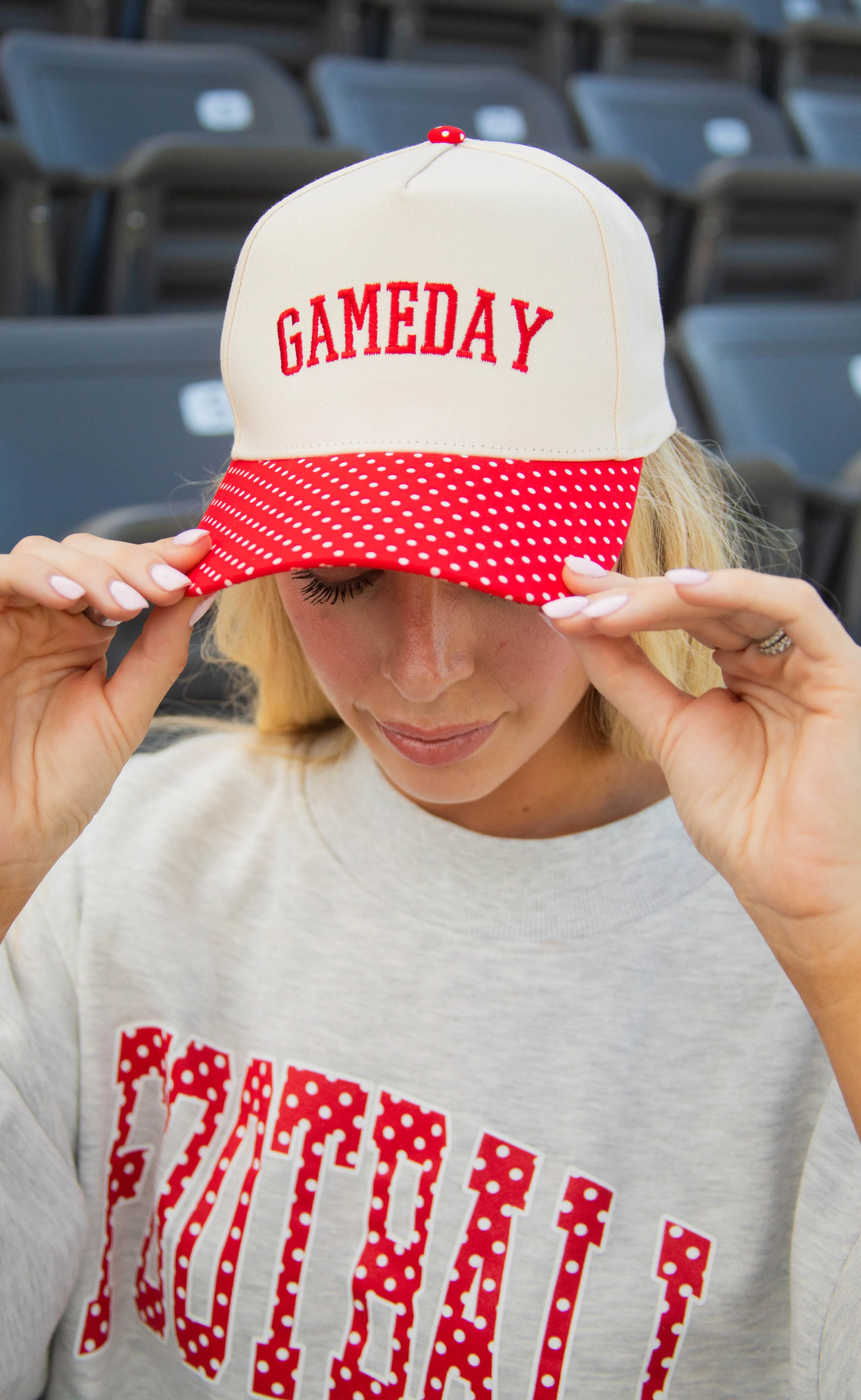 charlie southern: gameday polka dot trucker - red sold by RIFFRAFF