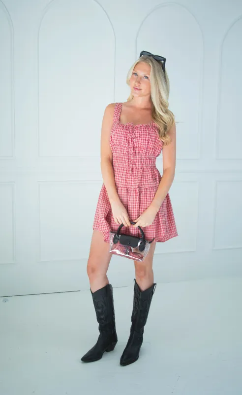 social hour gingham cinched mini dress made by Sunday Edition