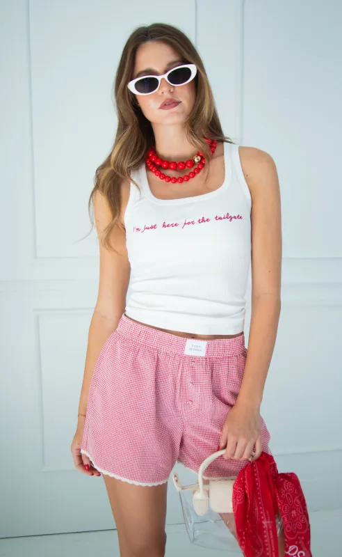 just here for the tailgate embroidered tank made by emory park