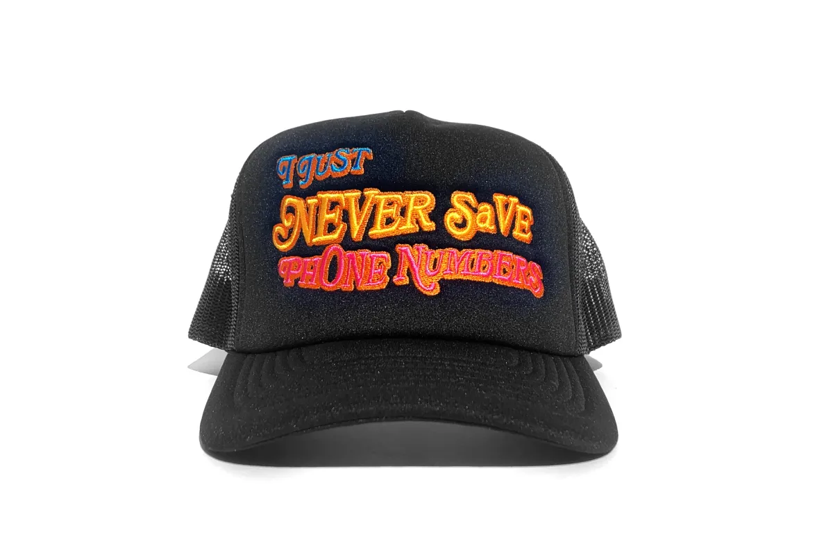 Black 'Phone Numbers' Trucker Hat made by John Geiger