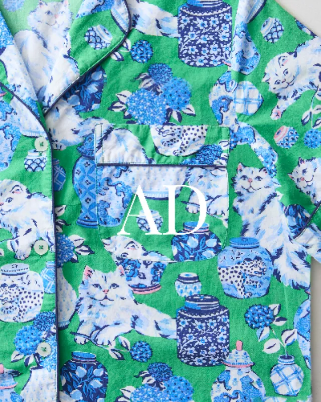 Fancy Cat - Short Sleeve Top & Cropped Pajama Pants Set - Green Juice sold by Printfresh