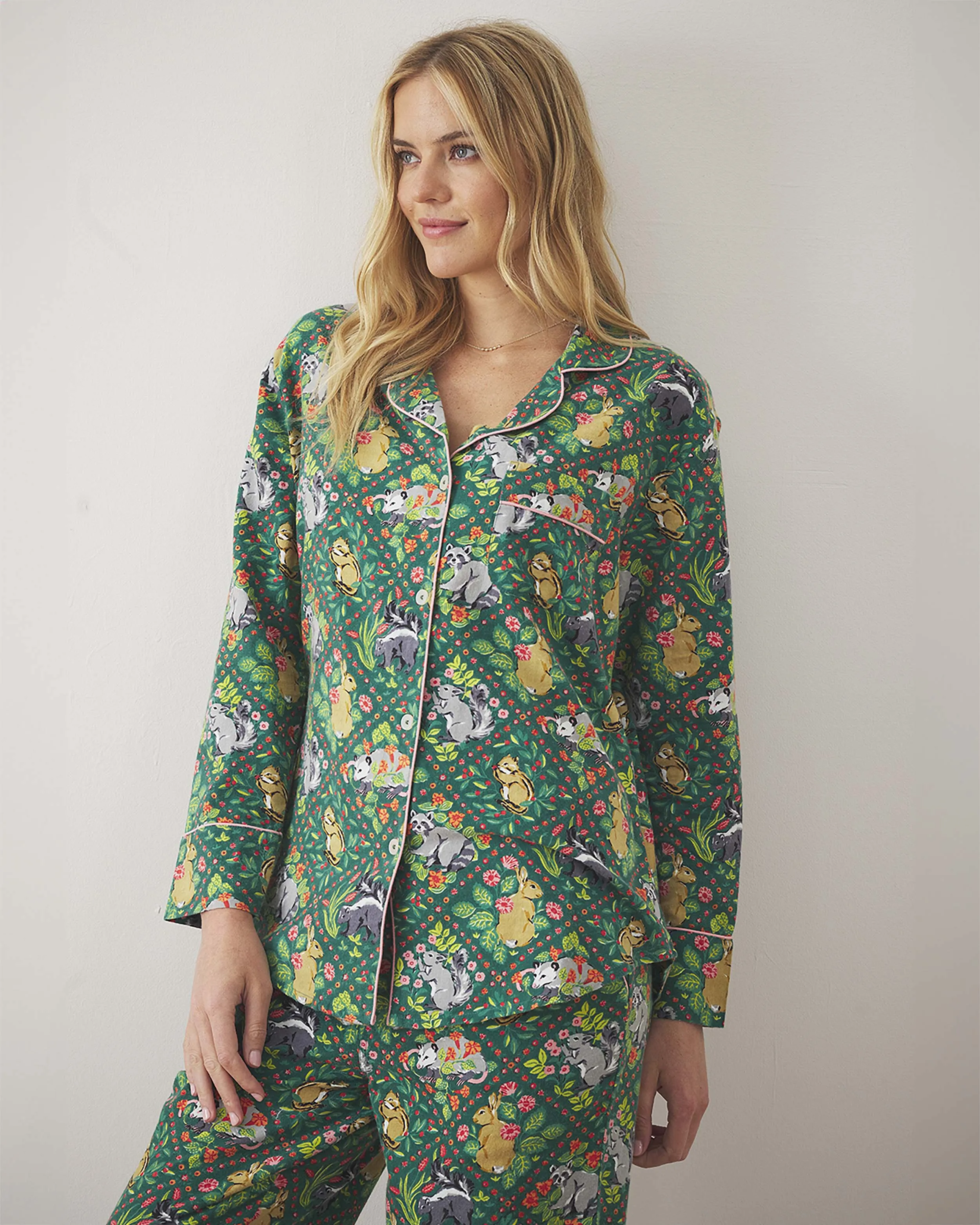Woodland Critters - Tall Lightweight Flannel Long PJ Set - Fern sold by Printfresh