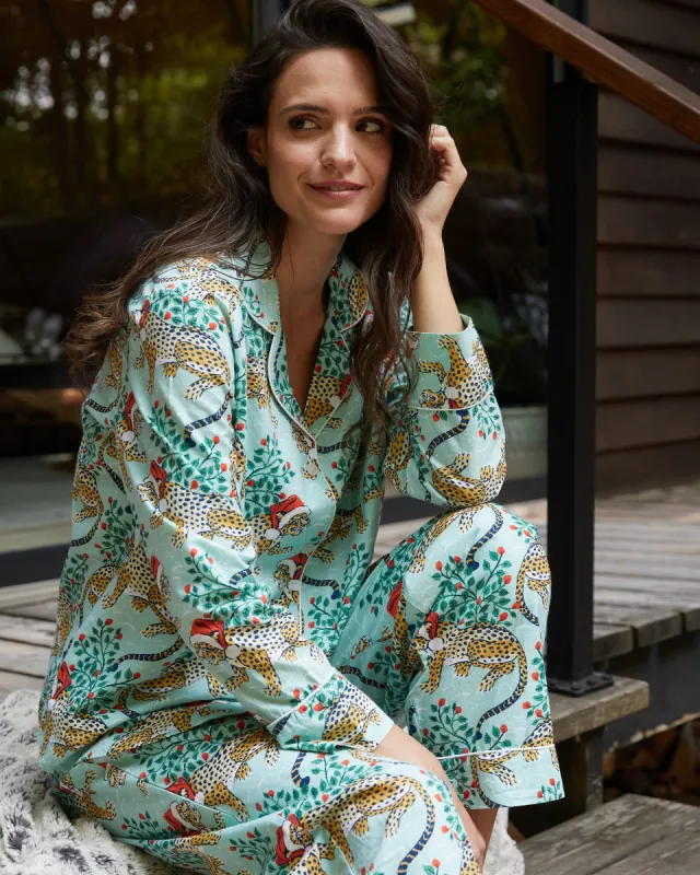 Holly Jolly Bagheera - Lightweight Flannel Long PJ Set - Frosted Mint sold by Printfresh