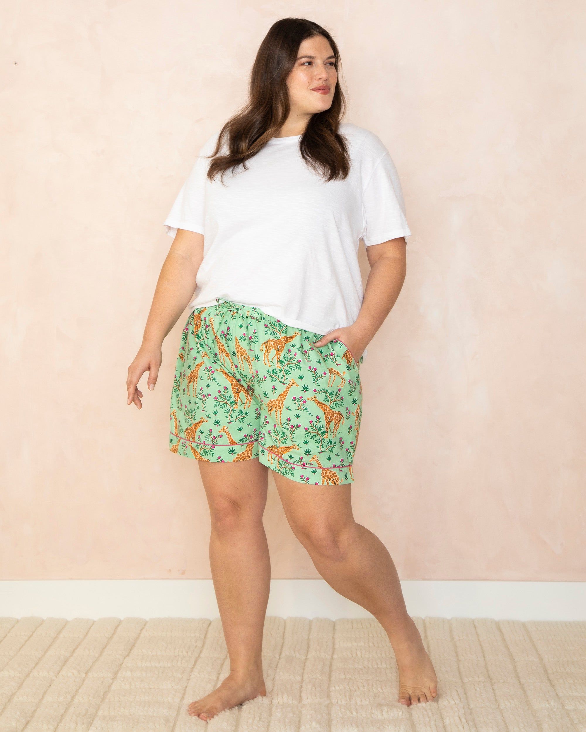 Grazing Giraffes - T-Shirt and Pajama Shorts Bundle - Sage/Cloud sold by Printfresh product image thumbnail 2