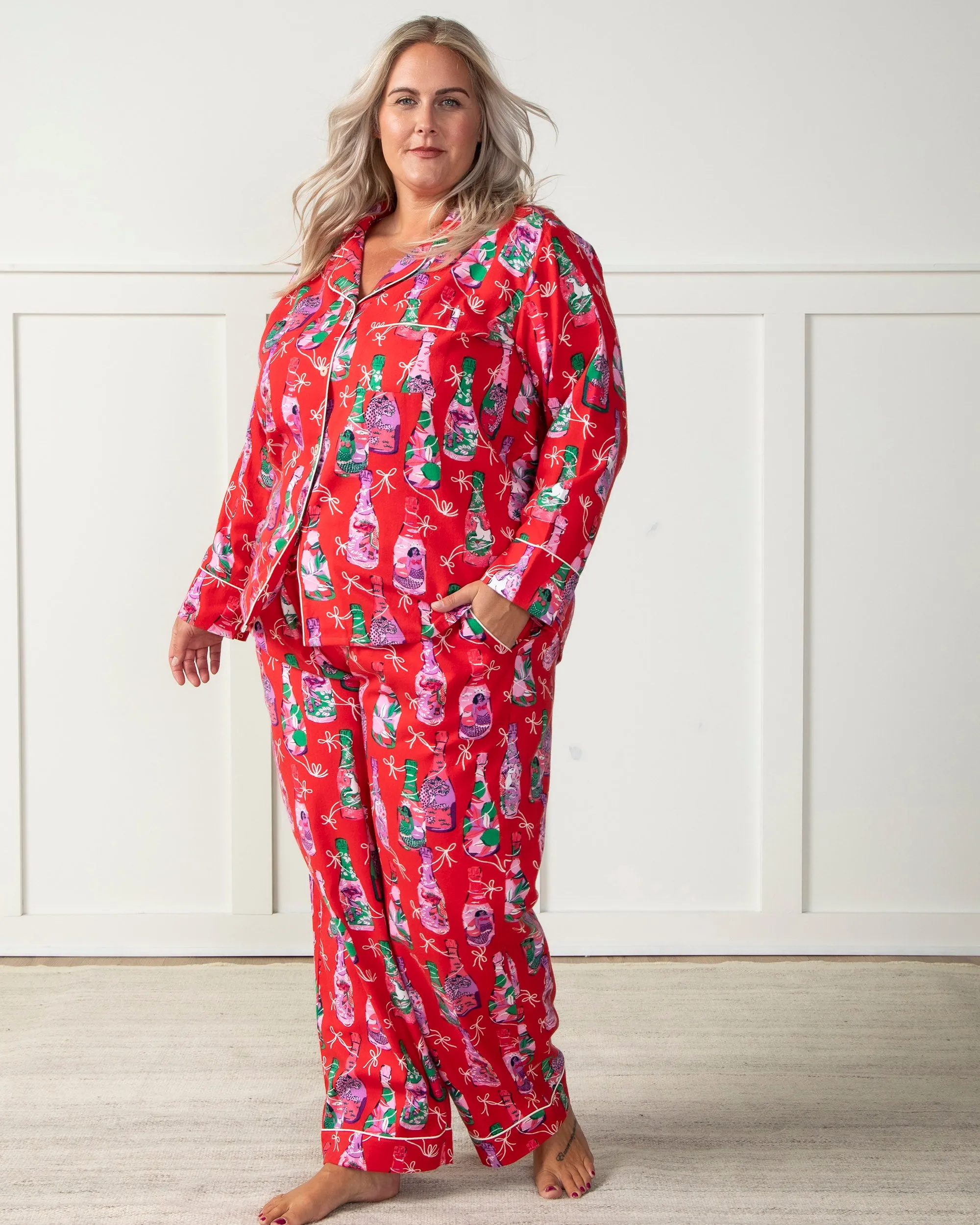 Pop the Bubbly - Brushed Twill Long PJ Set - Red Stocking sold by Printfresh product image thumbnail 3