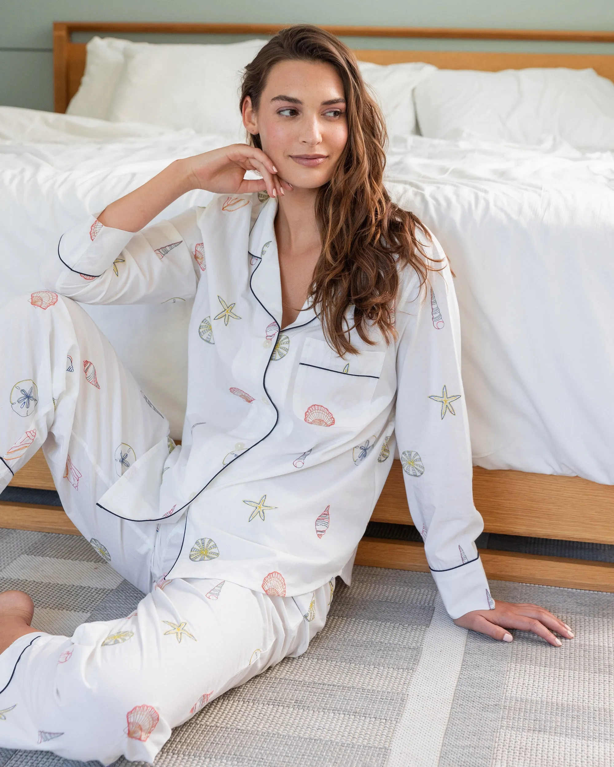 Embroidered Shells - Long PJ Set - Sand sold by Printfresh product image thumbnail 2