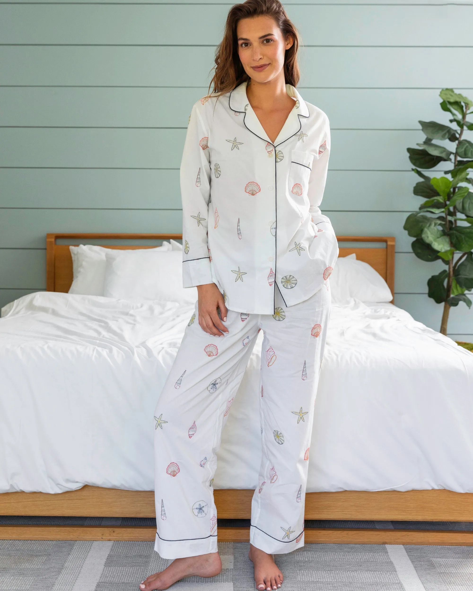 Embroidered Shells - Long PJ Set - Sand sold by Printfresh