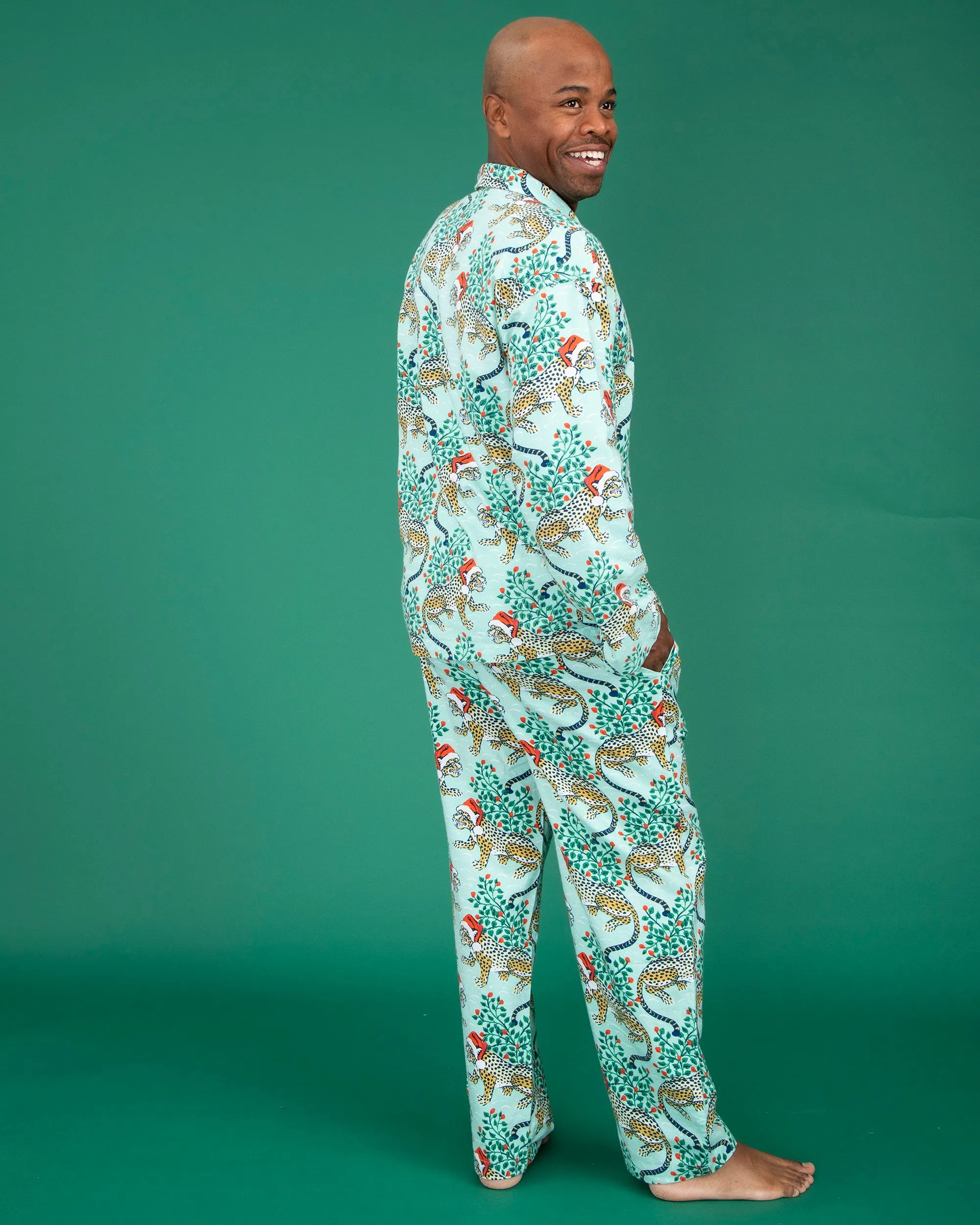 Holly Jolly Bagheera - Men's Lightweight Flannel Long PJ Set - Frosted Mint sold by Printfresh product image thumbnail 4
