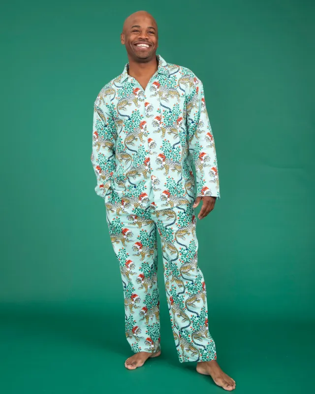 Holly Jolly Bagheera - Men's Lightweight Flannel Long PJ Set - Frosted Mint sold by Printfresh