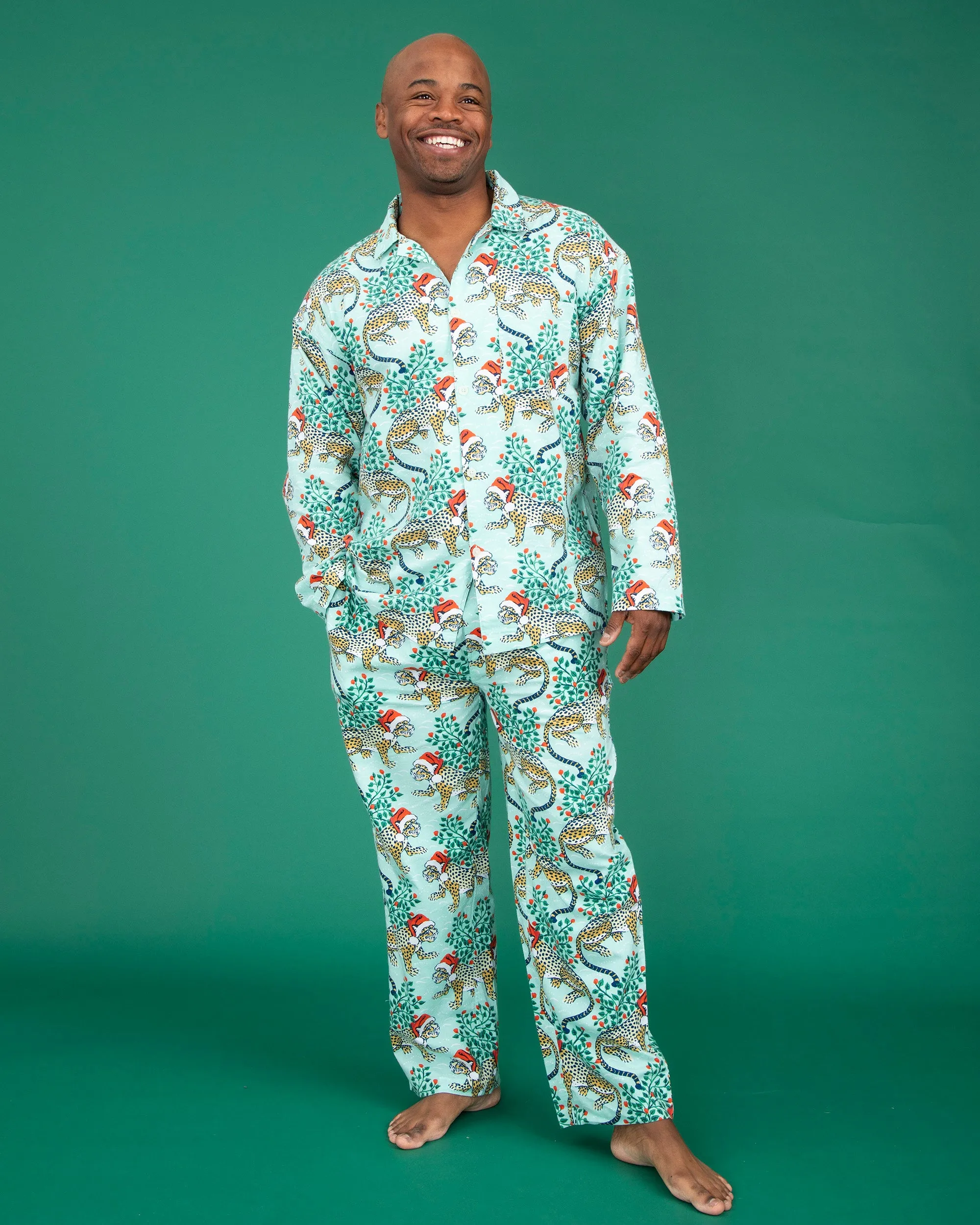 Holly Jolly Bagheera - Men's Lightweight Flannel Long PJ Set - Frosted Mint sold by Printfresh