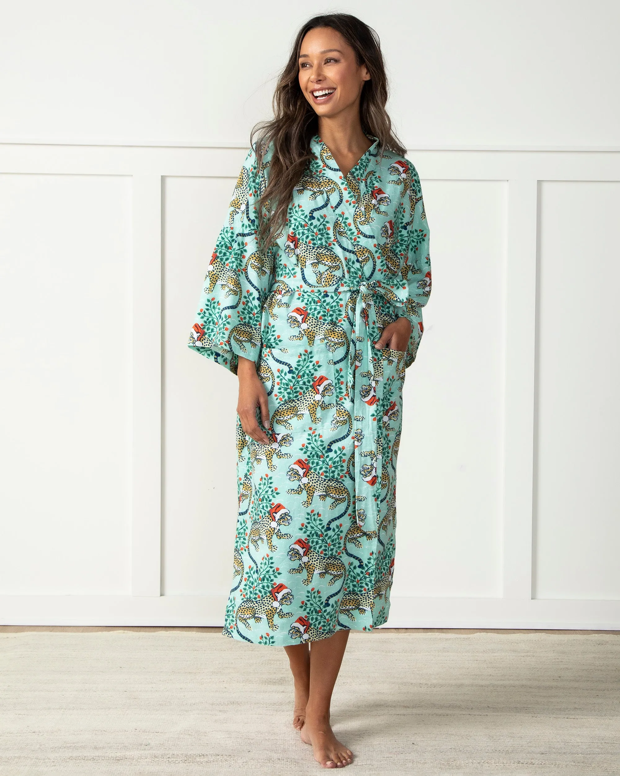 Holly Jolly Bagheera - Lightweight Flannel Robe - Frosted Mint sold by Printfresh product image thumbnail 3