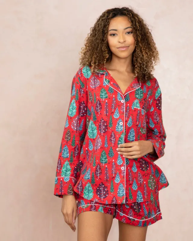 Twinkling Trees - Flannel Long Sleeve Top & Shorts Set - Ruby sold by Printfresh