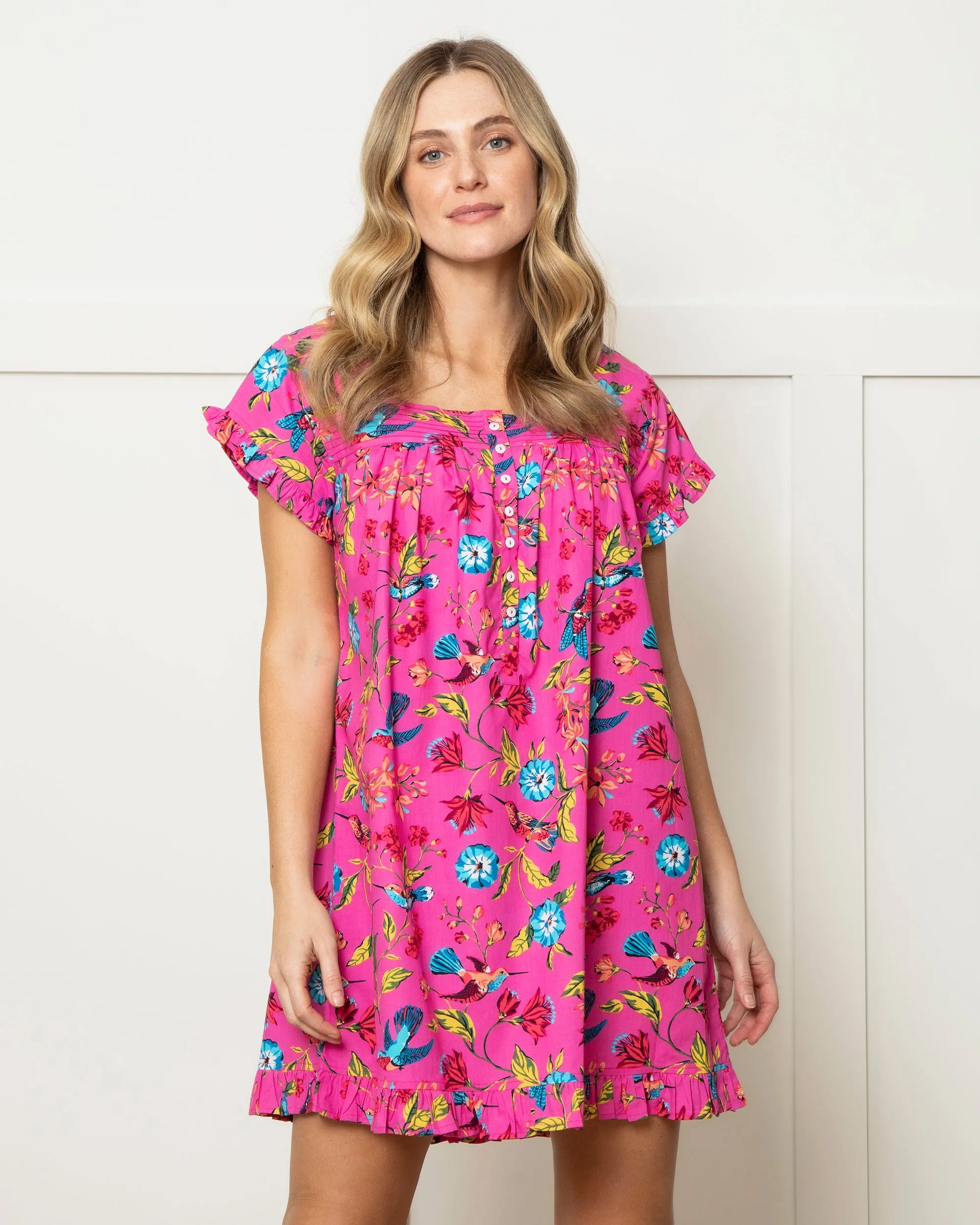 Hummingbird Haven - Pintuck Nightgown - Fresh Raspberry sold by Printfresh