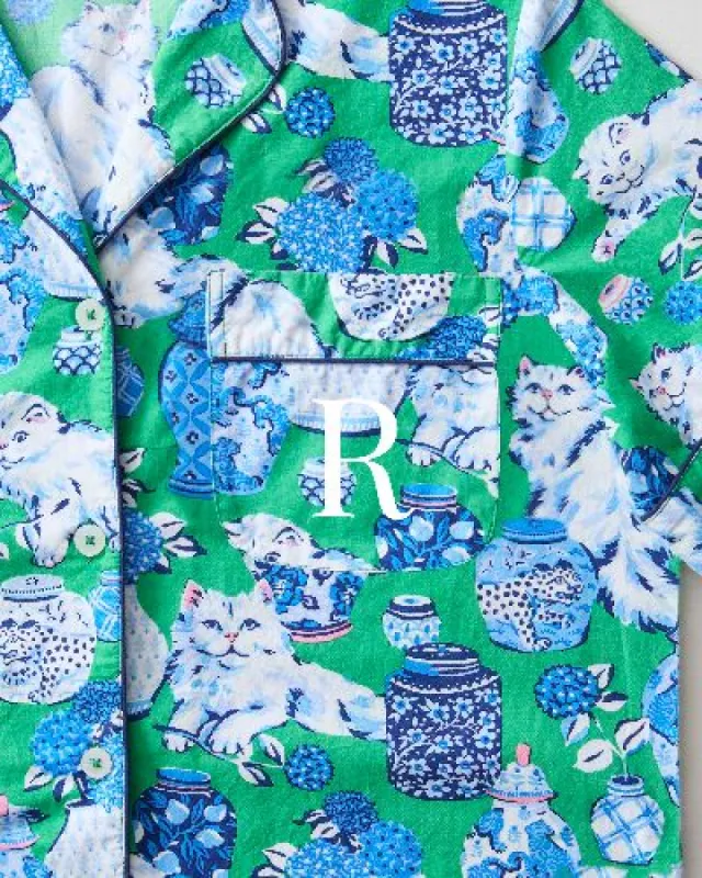 Fancy Cat - Short Sleeve Top & Cropped Pajama Pants Set - Green Juice sold by Printfresh