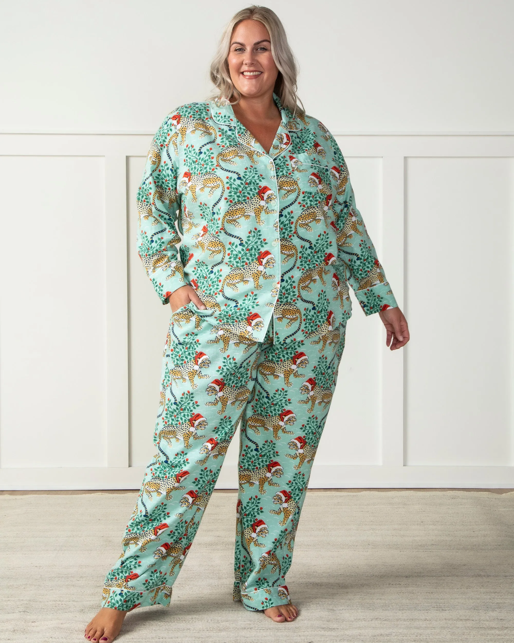 Holly Jolly Bagheera - Tall Flannel Long PJ Set - Frosted Mint sold by Printfresh