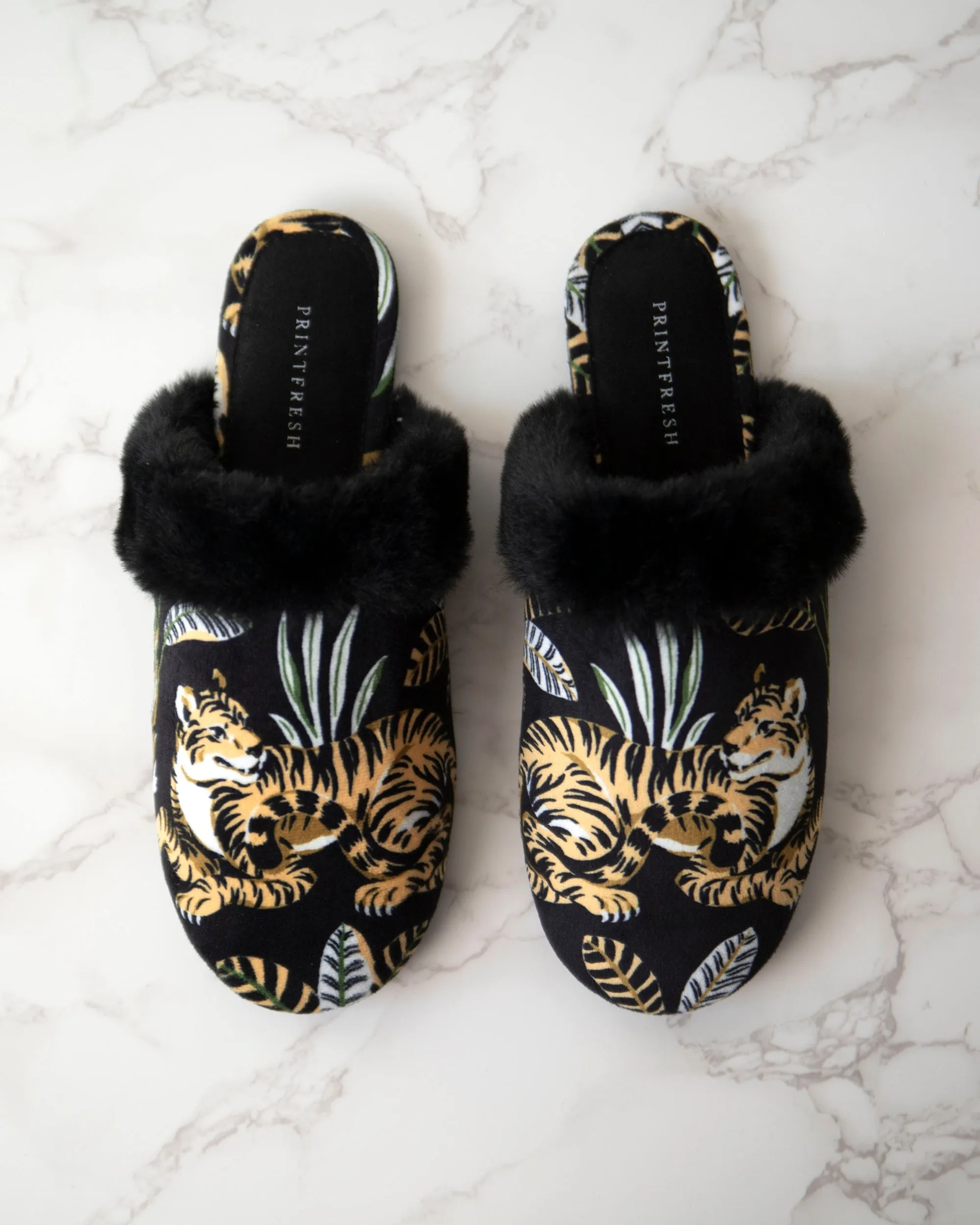 Untamed Tiger - Velvet Faux-Fur Slippers - Gold Ink sold by Printfresh