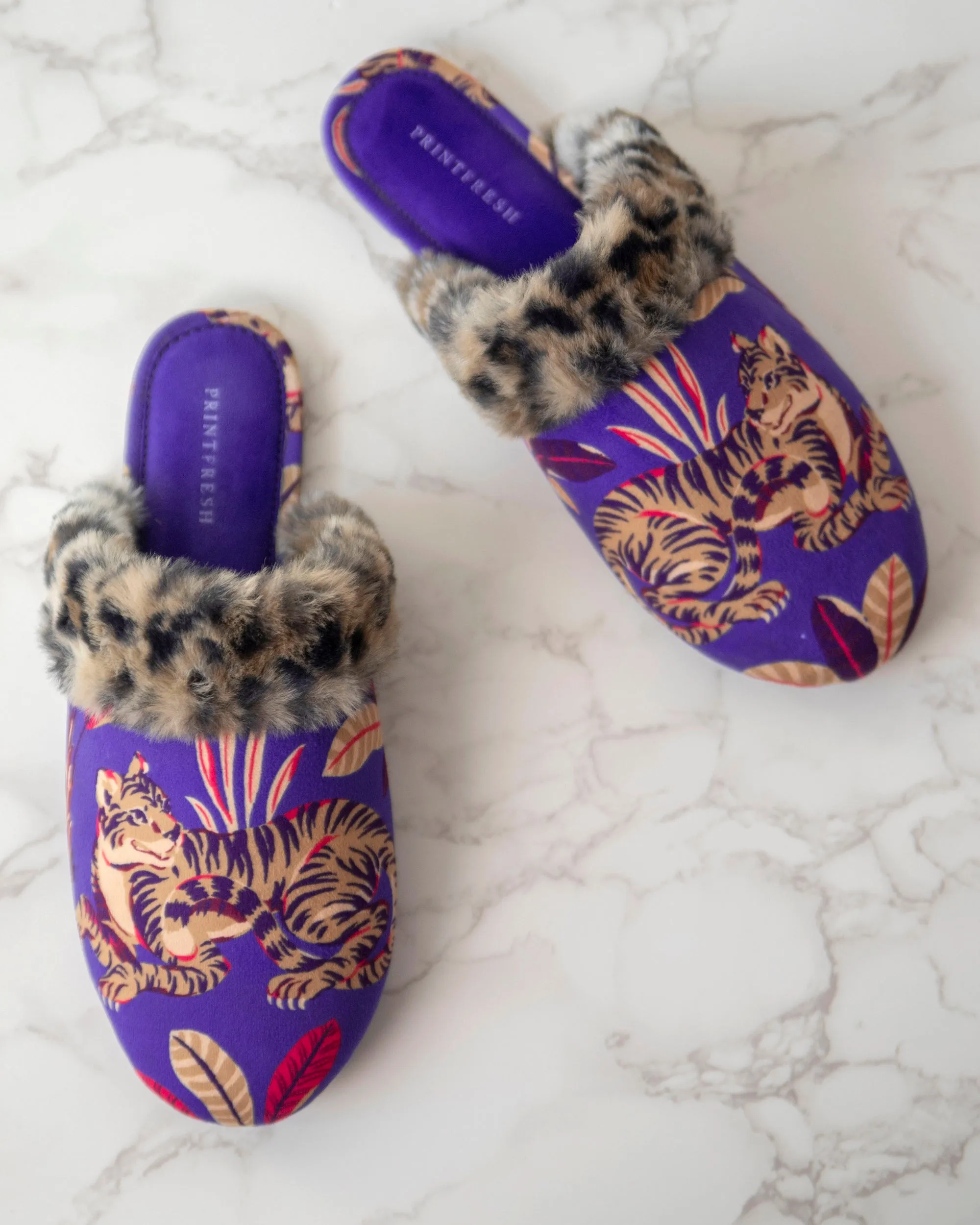 Untamed Tiger - Velvet Faux-Fur Slippers - Grape Soda sold by Printfresh