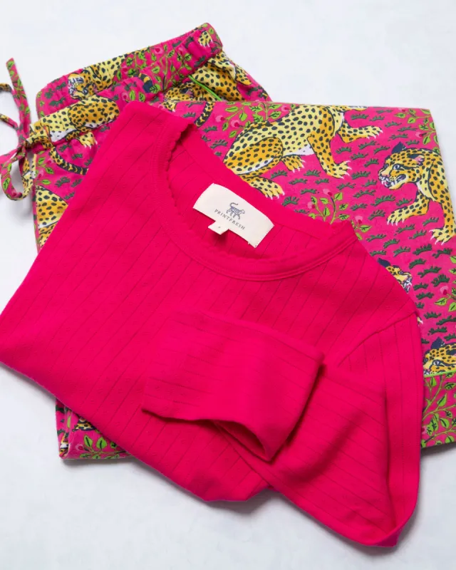 Bagheera - Pointelle Long Sleeve & Lightweight Flannel PJ Pants Set - Hot Pink sold by Printfresh
