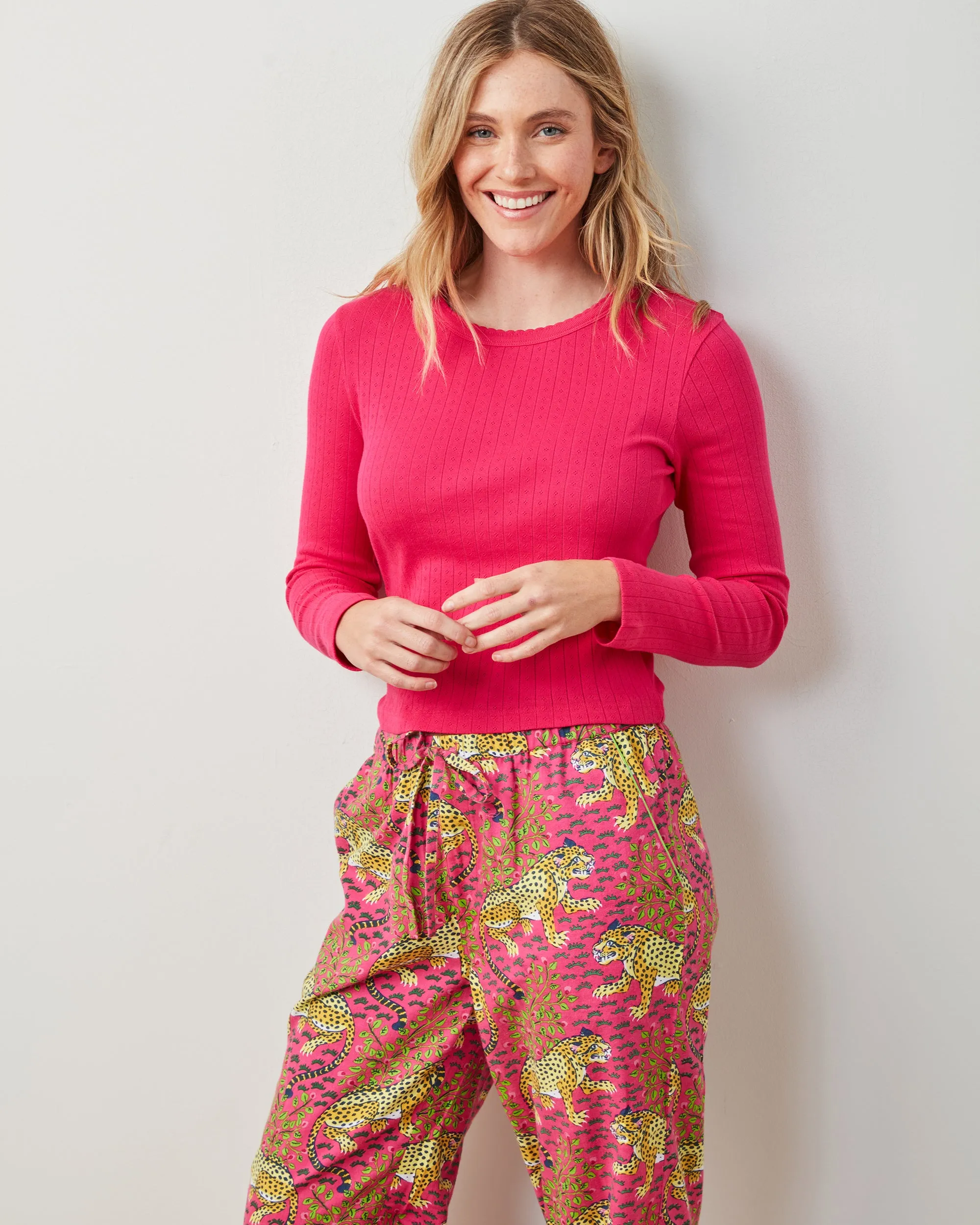 Bagheera - Pointelle Long Sleeve & Lightweight Flannel PJ Pants Set - Hot Pink sold by Printfresh product image thumbnail 3