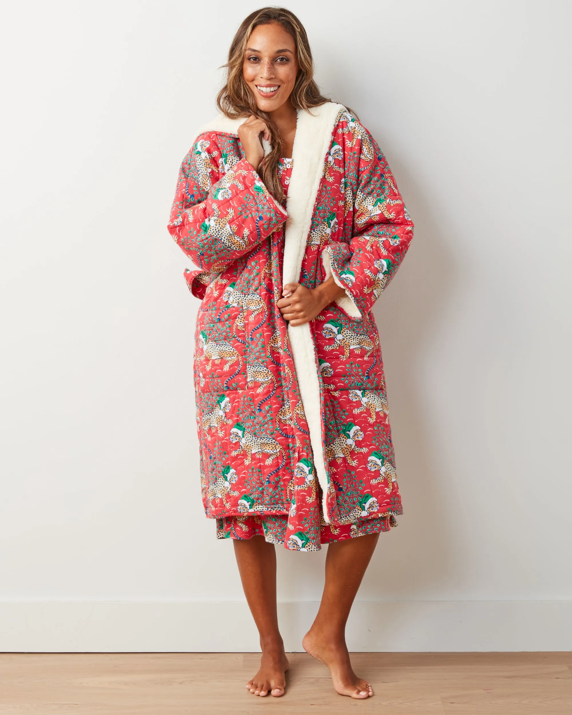 Holly Jolly Bagheera - Flannel Quilted Hooded Sherpa Robe - Ruby sold by Printfresh product image thumbnail 4