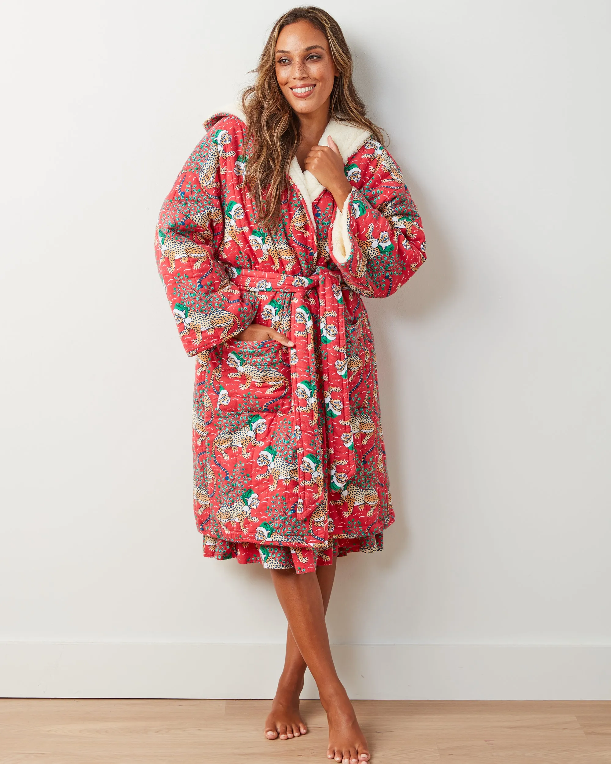 Holly Jolly Bagheera - Flannel Quilted Hooded Sherpa Robe - Ruby sold by Printfresh product image thumbnail 2