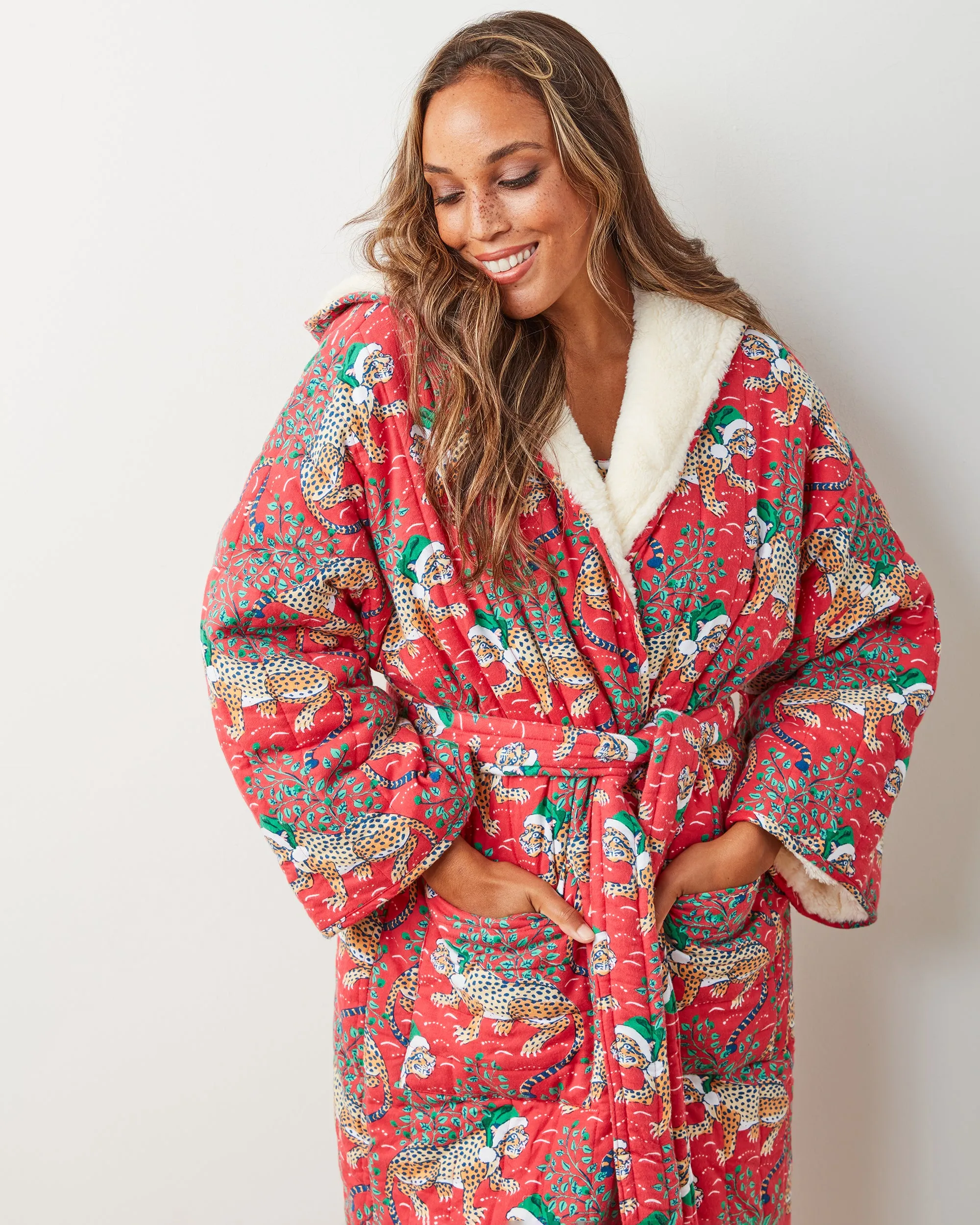 Holly Jolly Bagheera - Flannel Quilted Hooded Sherpa Robe - Ruby sold by Printfresh