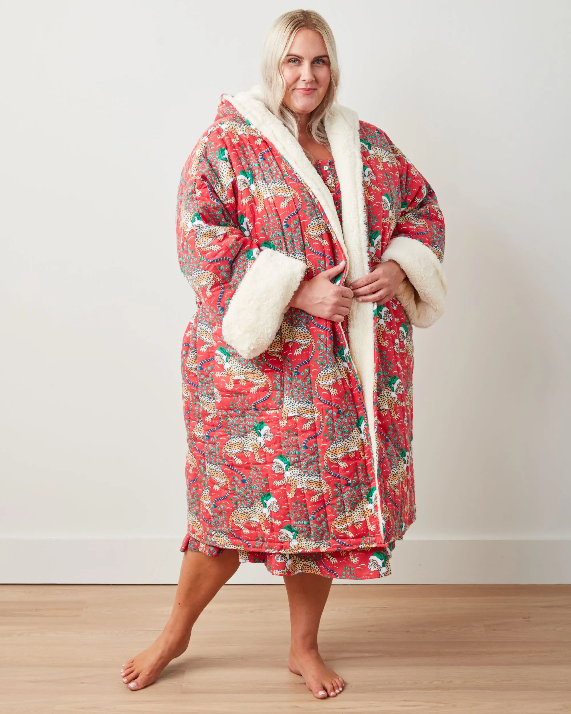 Holly Jolly Bagheera - Flannel Quilted Hooded Sherpa Robe - Ruby sold by Printfresh product image thumbnail 5