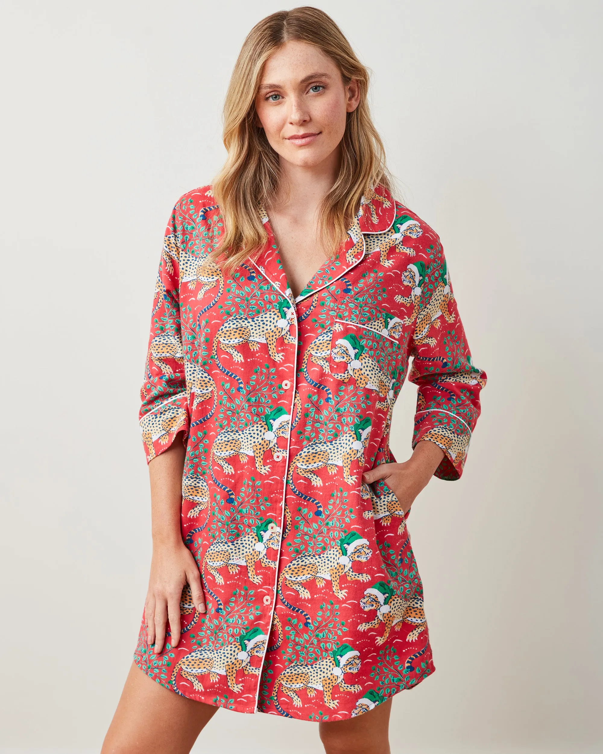 Holly Jolly Bagheera - Lightweight Flannel Sleep Shirt - Ruby sold by Printfresh product image thumbnail 4