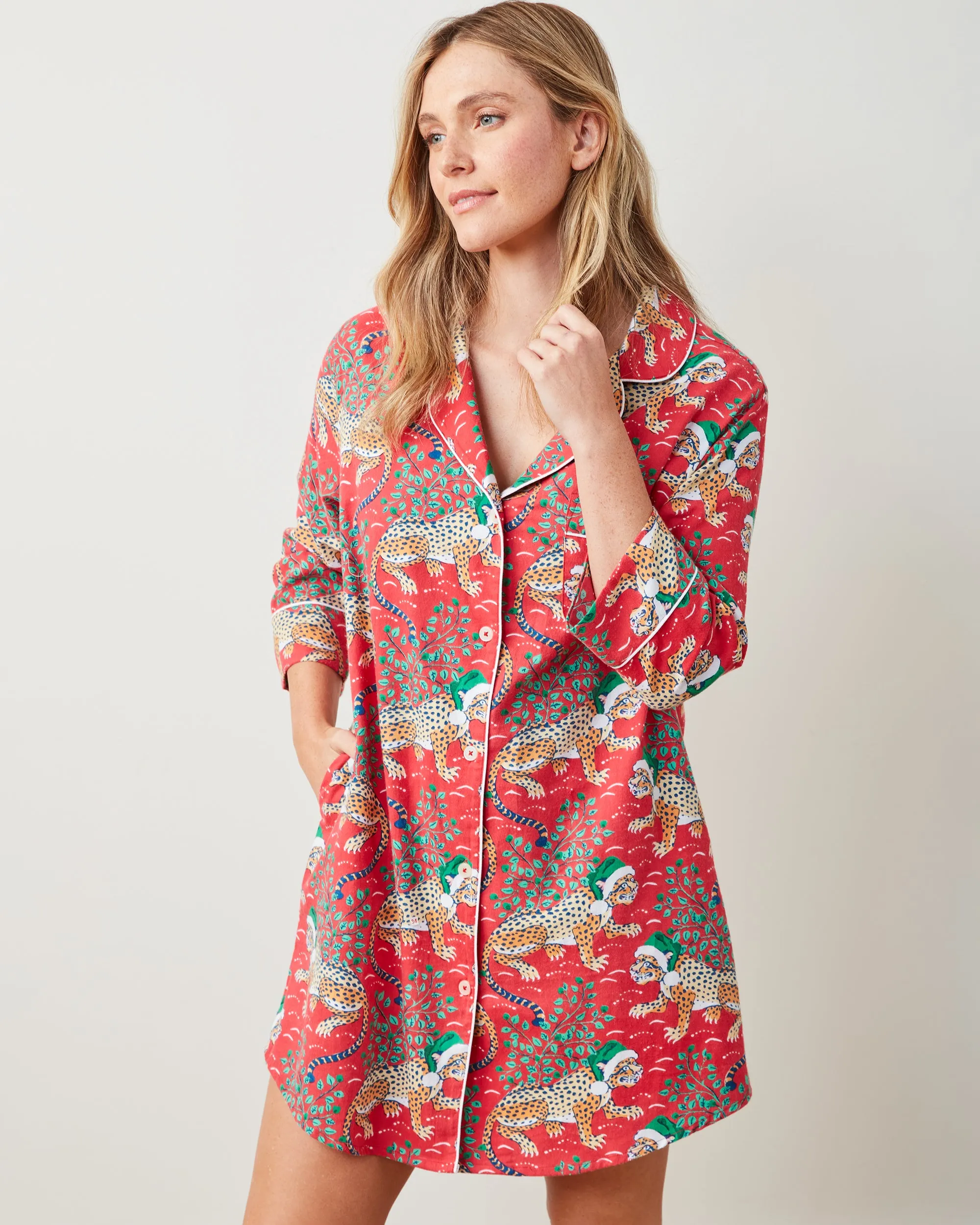 Holly Jolly Bagheera - Lightweight Flannel Sleep Shirt - Ruby sold by Printfresh