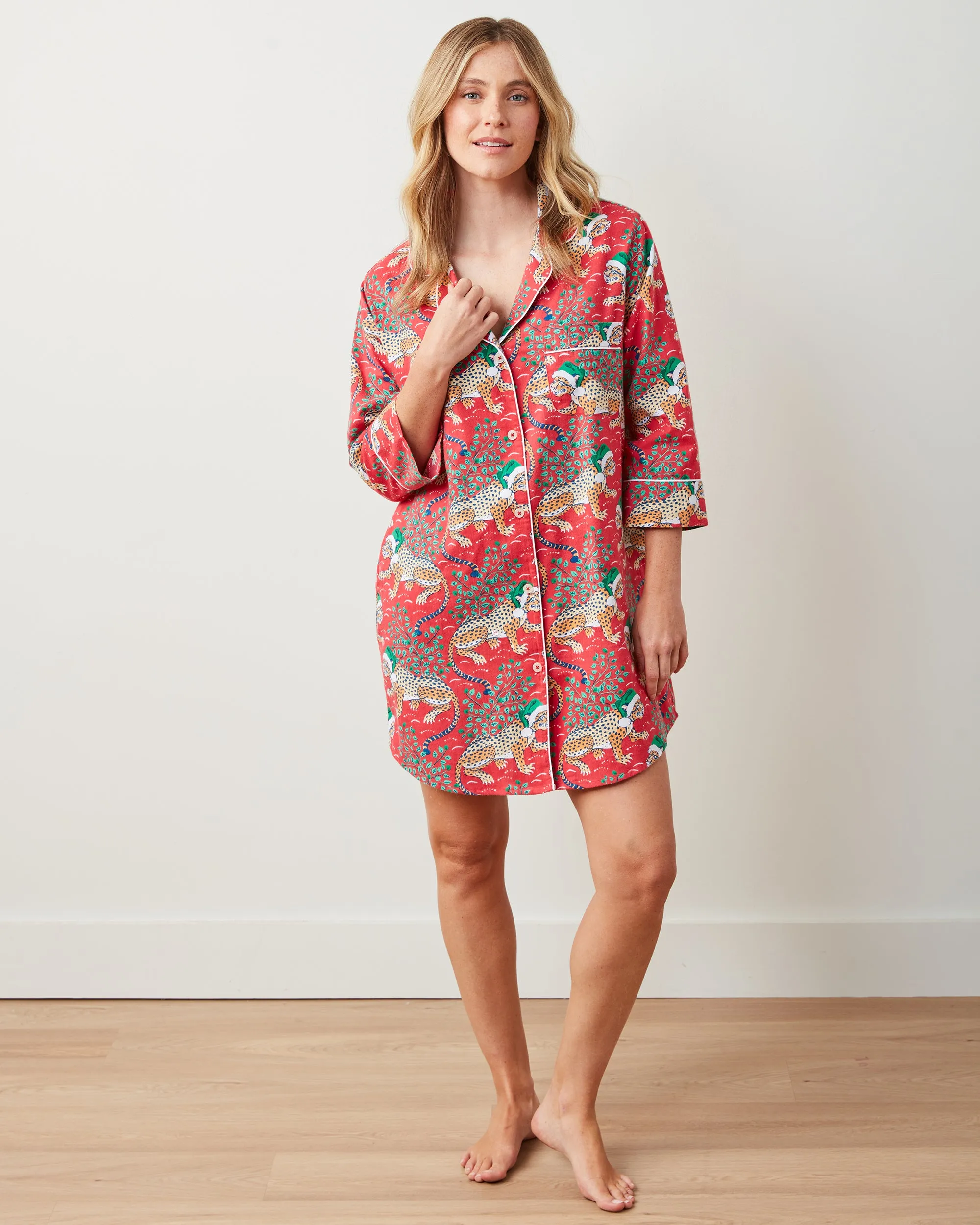 Holly Jolly Bagheera - Lightweight Flannel Sleep Shirt - Ruby sold by Printfresh product image thumbnail 2