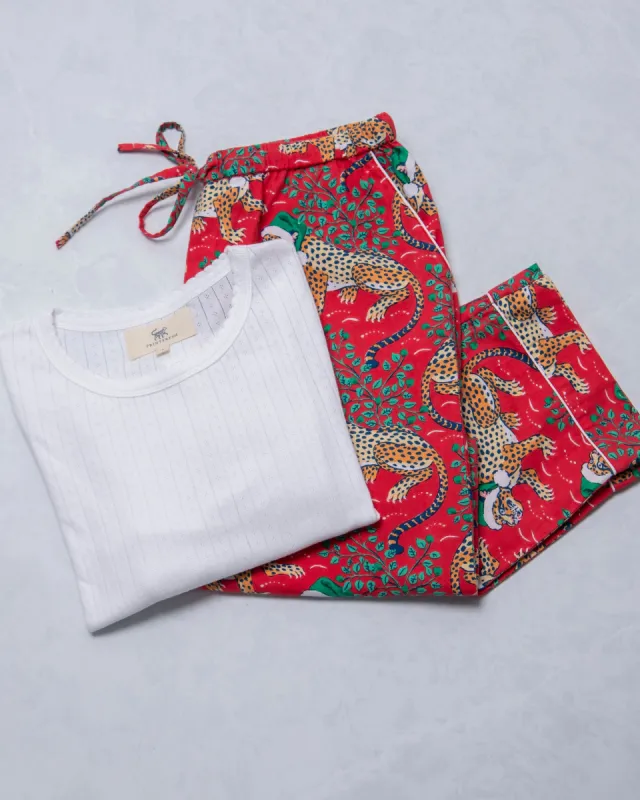 Holly Jolly Bagheera - Pointelle Long Sleeve & Lightweight Flannel PJ Pants Set - Ruby sold by Printfresh