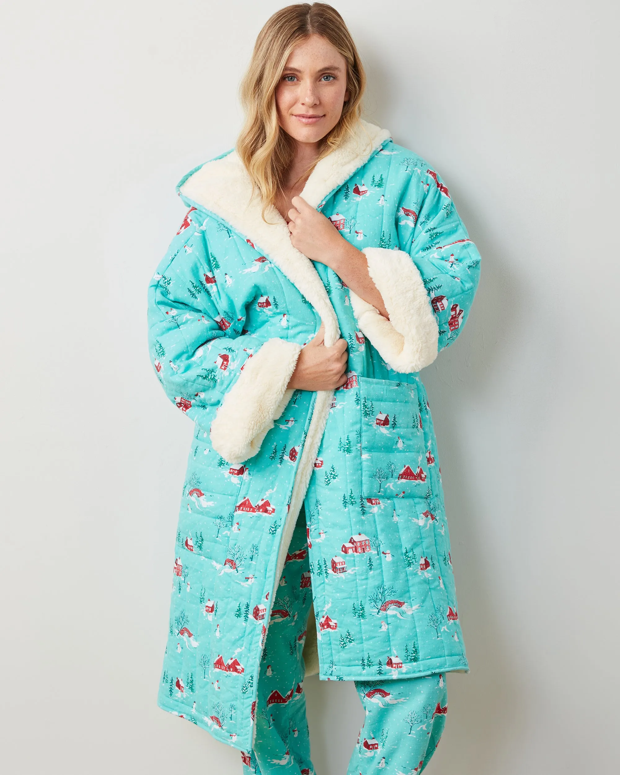 Winter Wonderland - Flannel Quilted Hooded Sherpa Robe - Snow Day sold by Printfresh