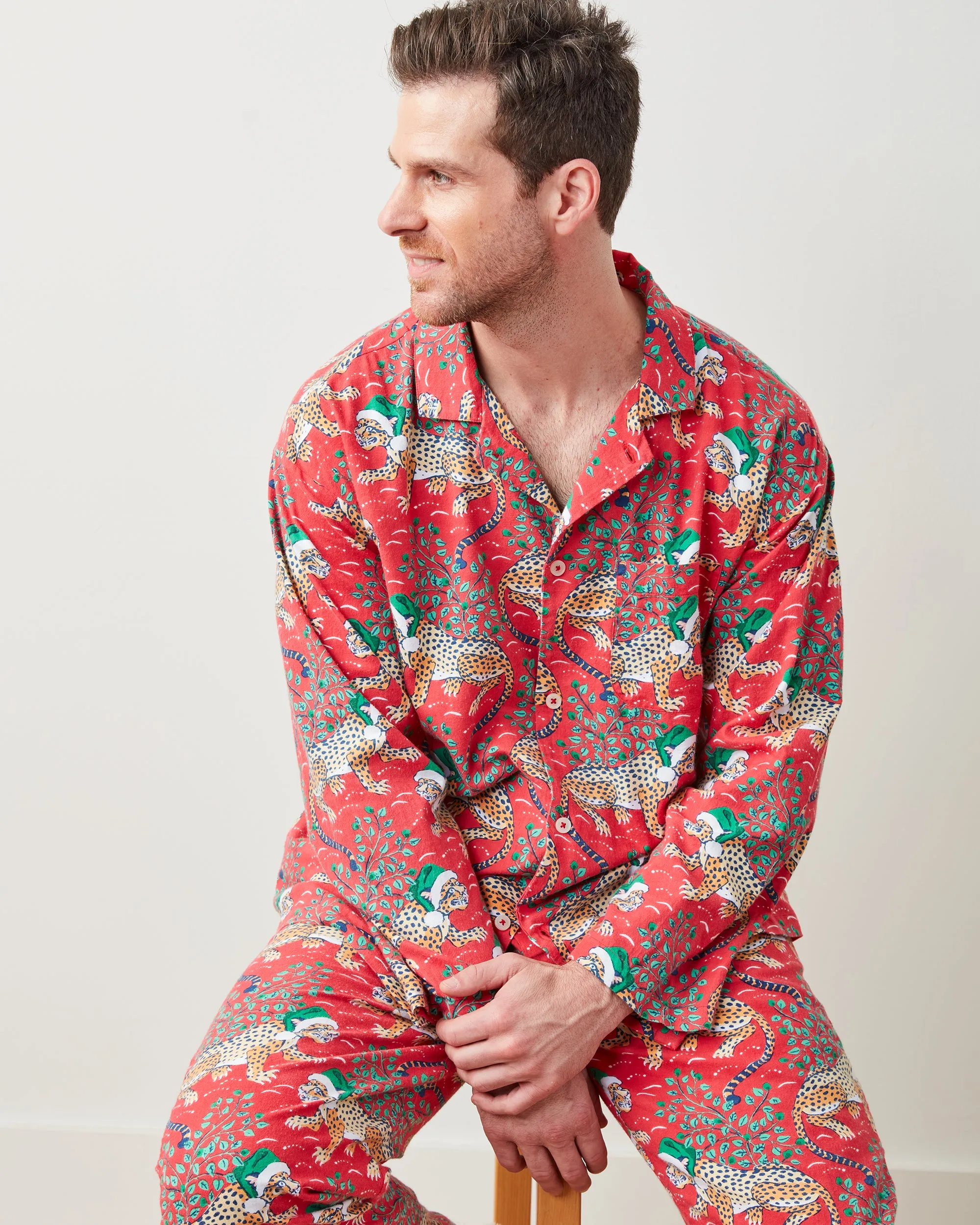 Holly Jolly Bagheera - Men's Lightweight Flannel Long PJ Set - Ruby sold by Printfresh