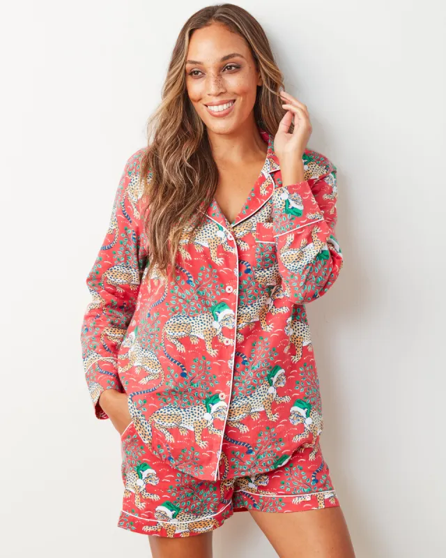Holly Jolly Bagheera - Lightweight Flannel Long Sleeve Top & Shorts Set - Ruby sold by Printfresh