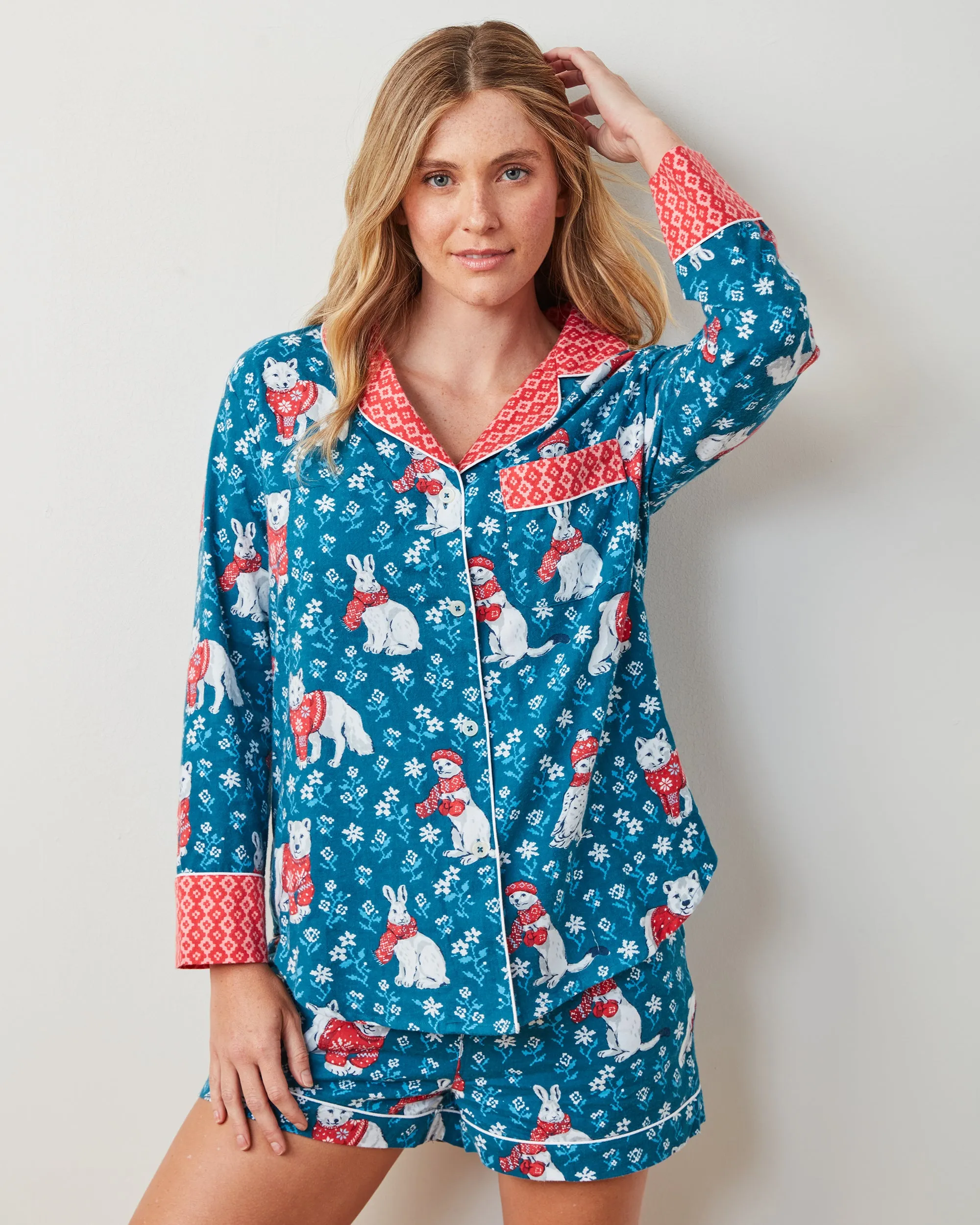 Bundled Up - Lightweight Flannel Long Sleeve Top & Shorts Set - Navy sold by Printfresh