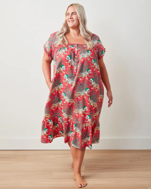 Holly Jolly Bagheera - Lightweight Flannel Daylight Nightgown - Ruby sold by Printfresh