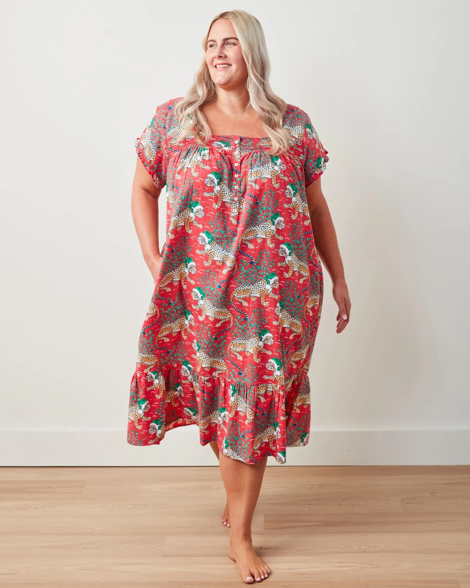 Holly Jolly Bagheera - Lightweight Flannel Daylight Nightgown - Ruby sold by Printfresh