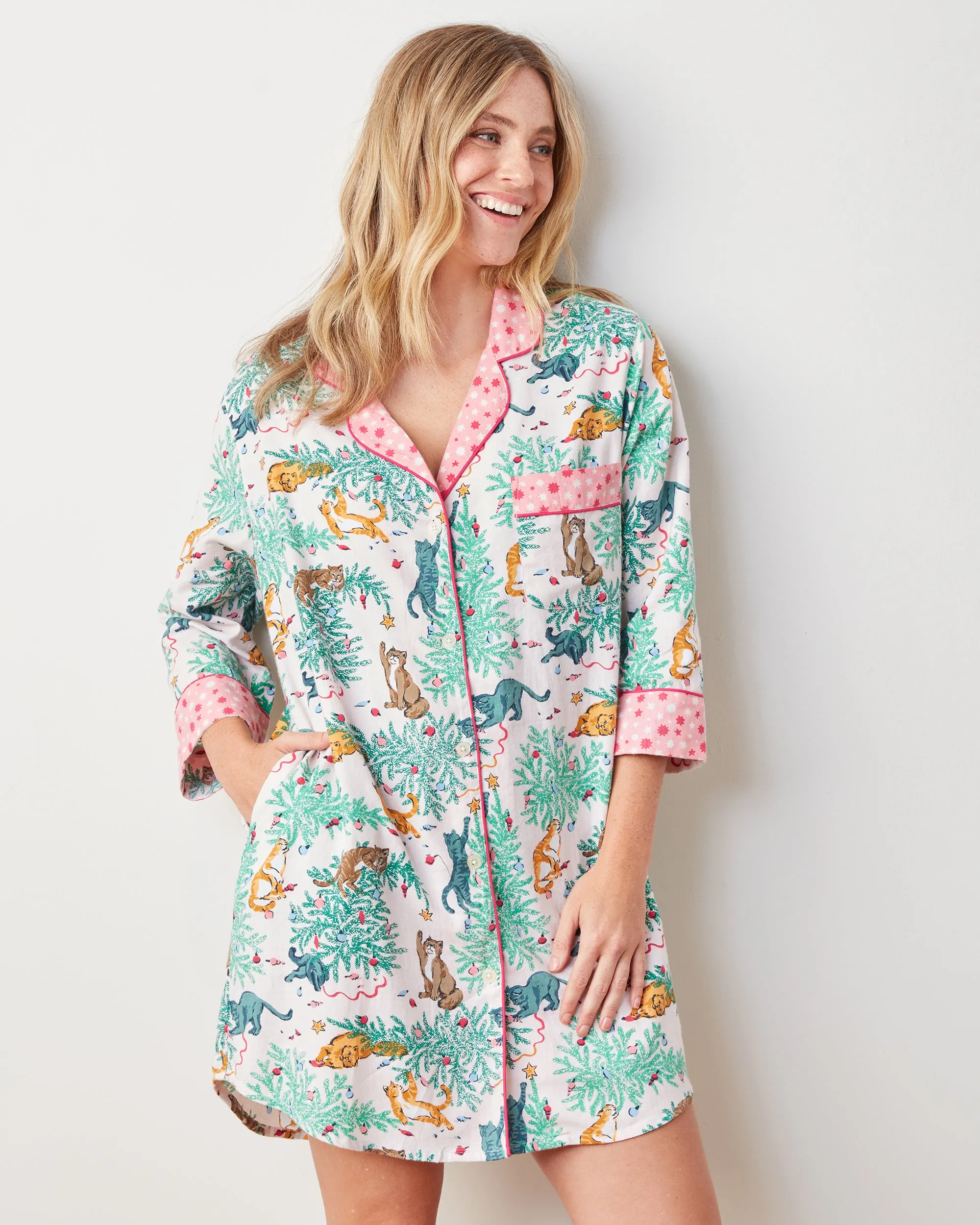 Frisky Firs - Lightweight Flannel Sleep Shirt - Sweet Cream sold by Printfresh