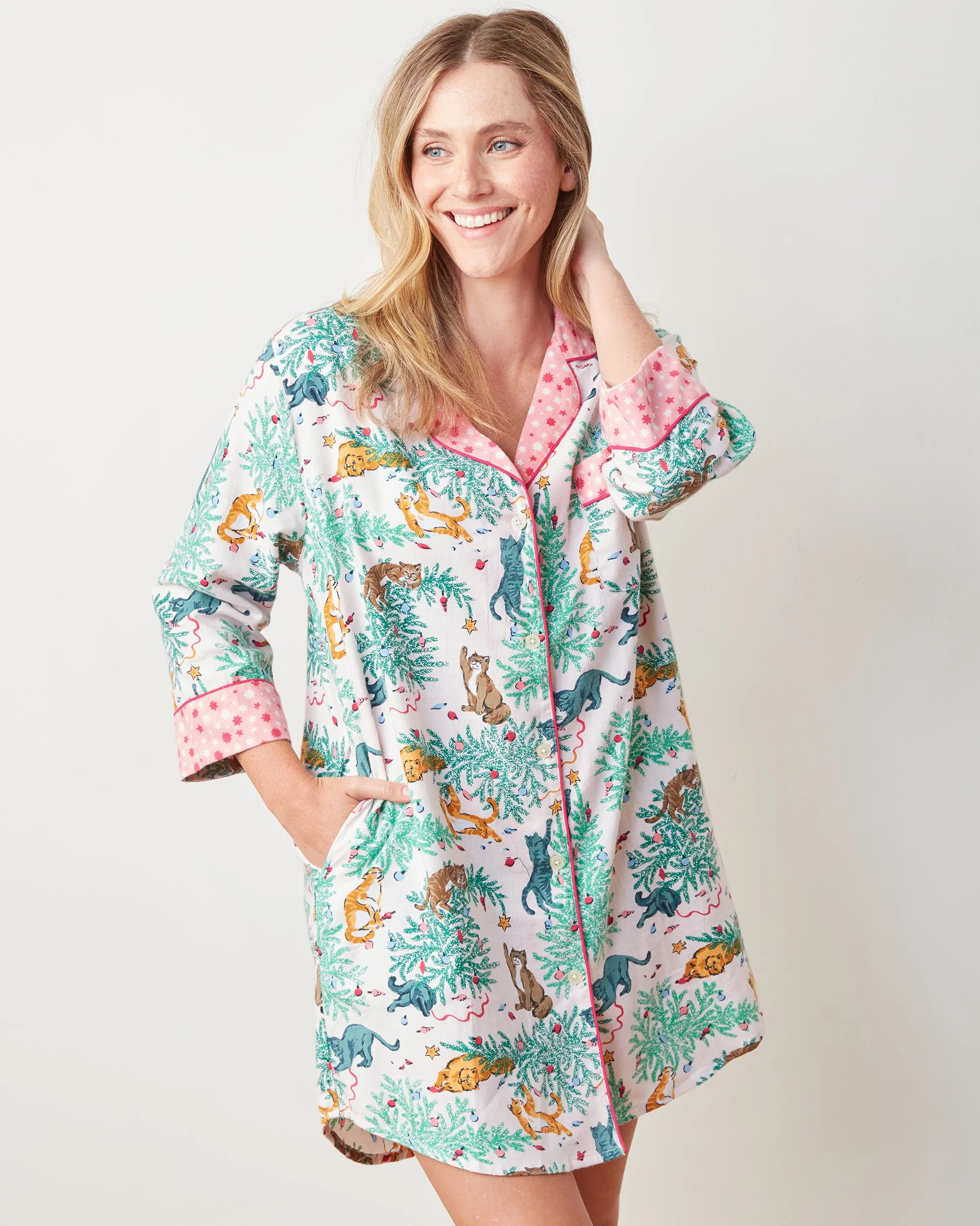 Frisky Firs - Lightweight Flannel Sleep Shirt - Sweet Cream sold by Printfresh product image thumbnail 4