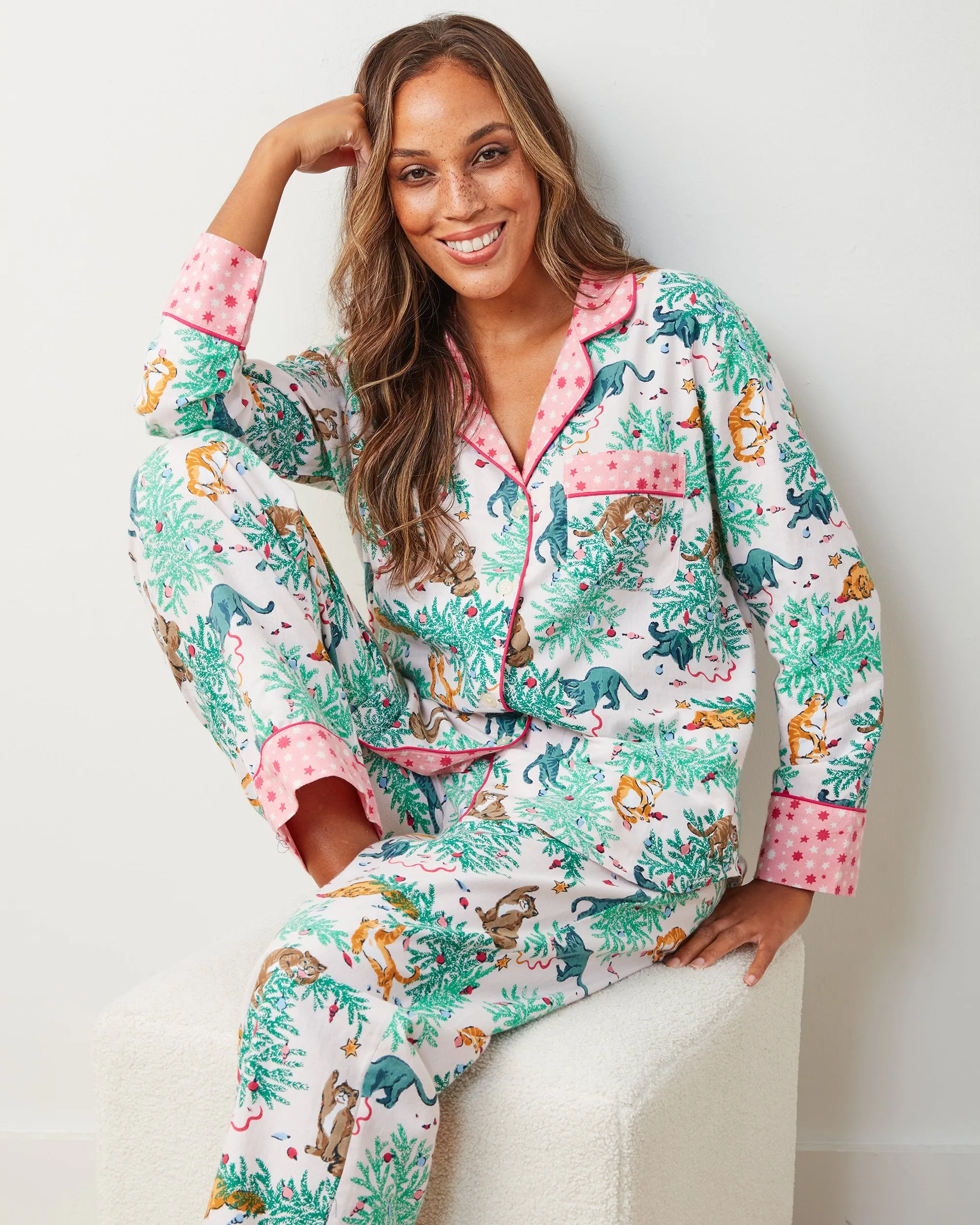 Frisky Firs - Lightweight Flannel Long PJ Set - Sweet Cream sold by Printfresh