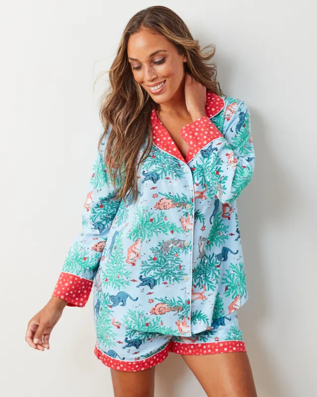 Frisky Firs - Lightweight Flannel Long Sleeve Top & Shorts Set - Twinkling Blue sold by Printfresh