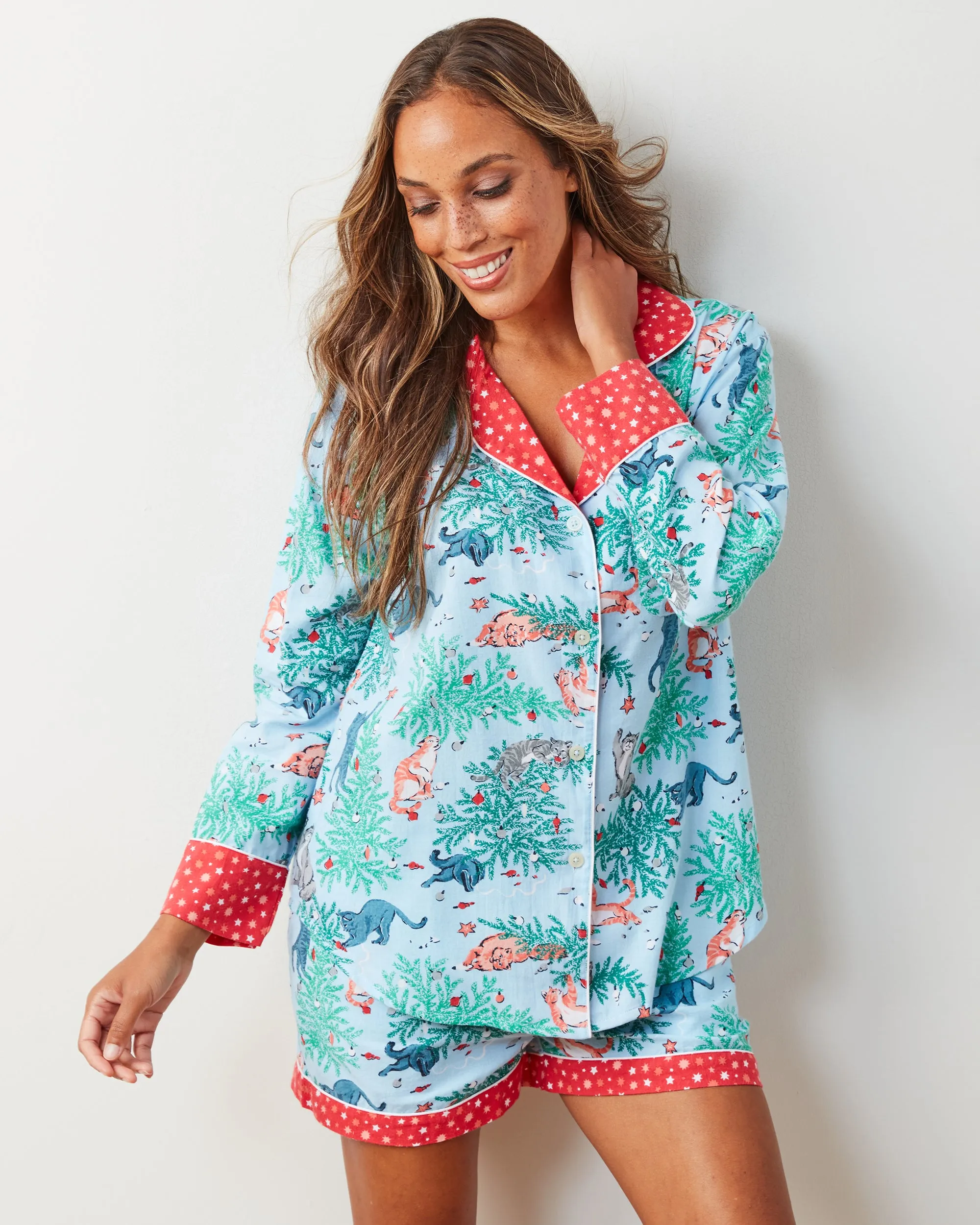 Frisky Firs - Lightweight Flannel Long Sleeve Top & Shorts Set - Twinkling Blue sold by Printfresh