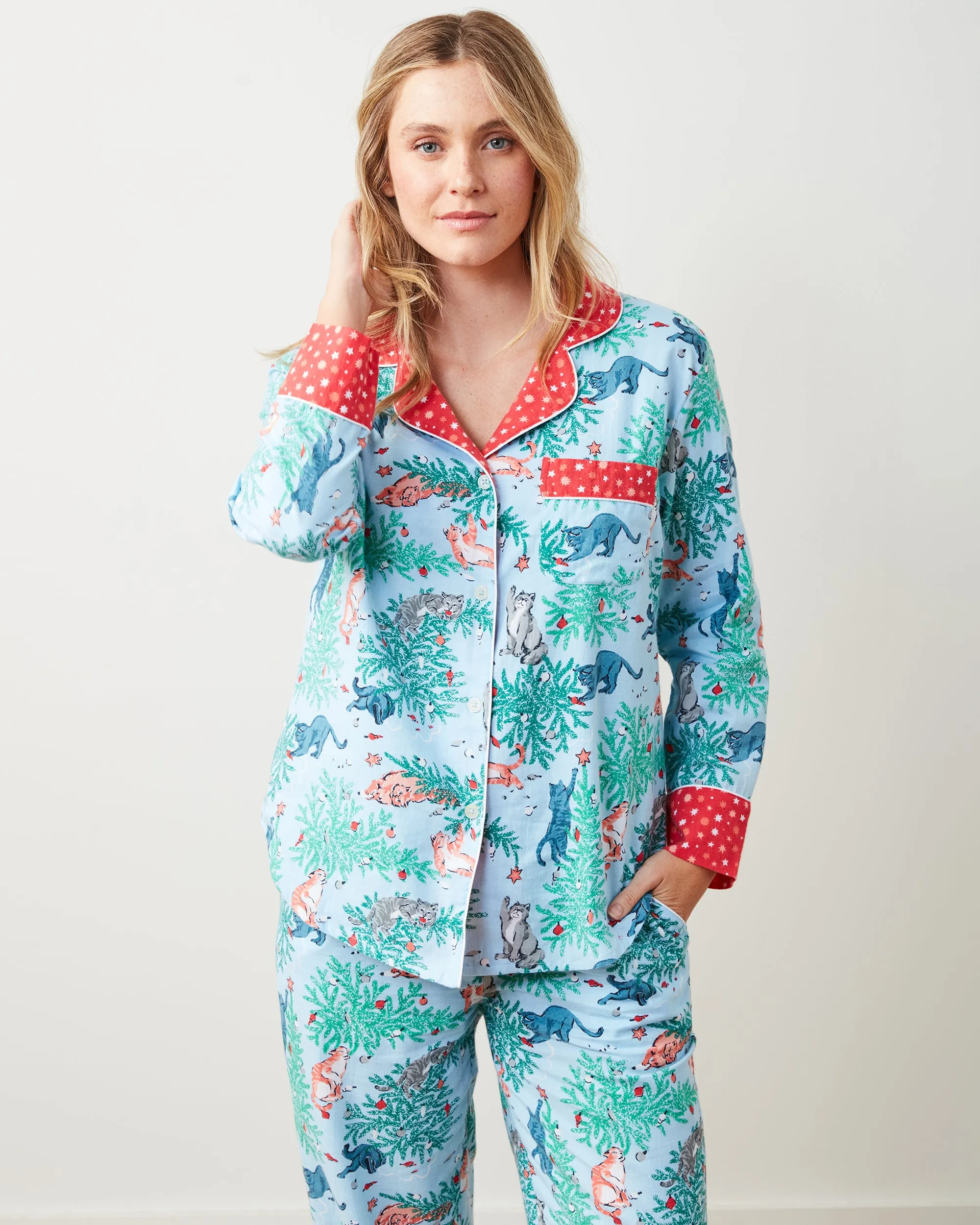 Frisky Firs - Lightweight Flannel Long PJ Set - Twinkling Blue sold by Printfresh