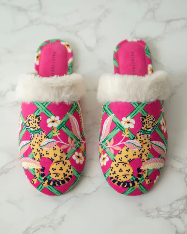 Royal Cheetah - Velvet Faux-Fur Slippers - Pink Palace sold by Printfresh