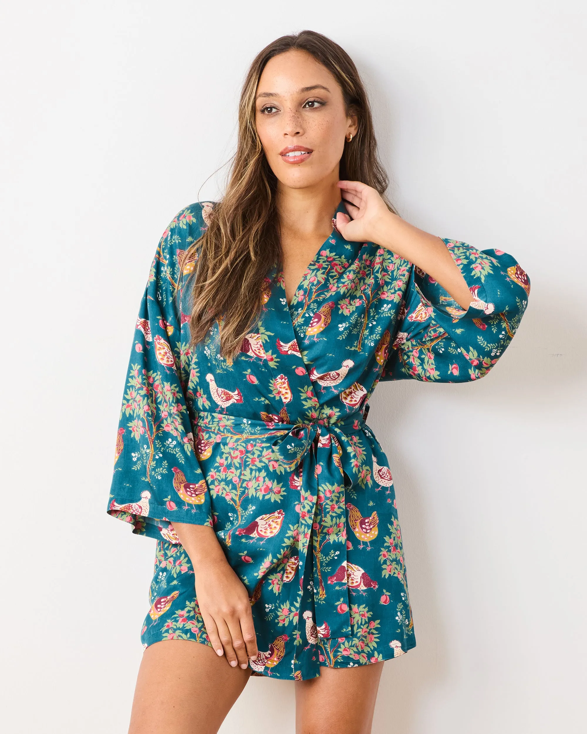 Hen House - Satin Glam Mini Robe - Navy sold by Printfresh