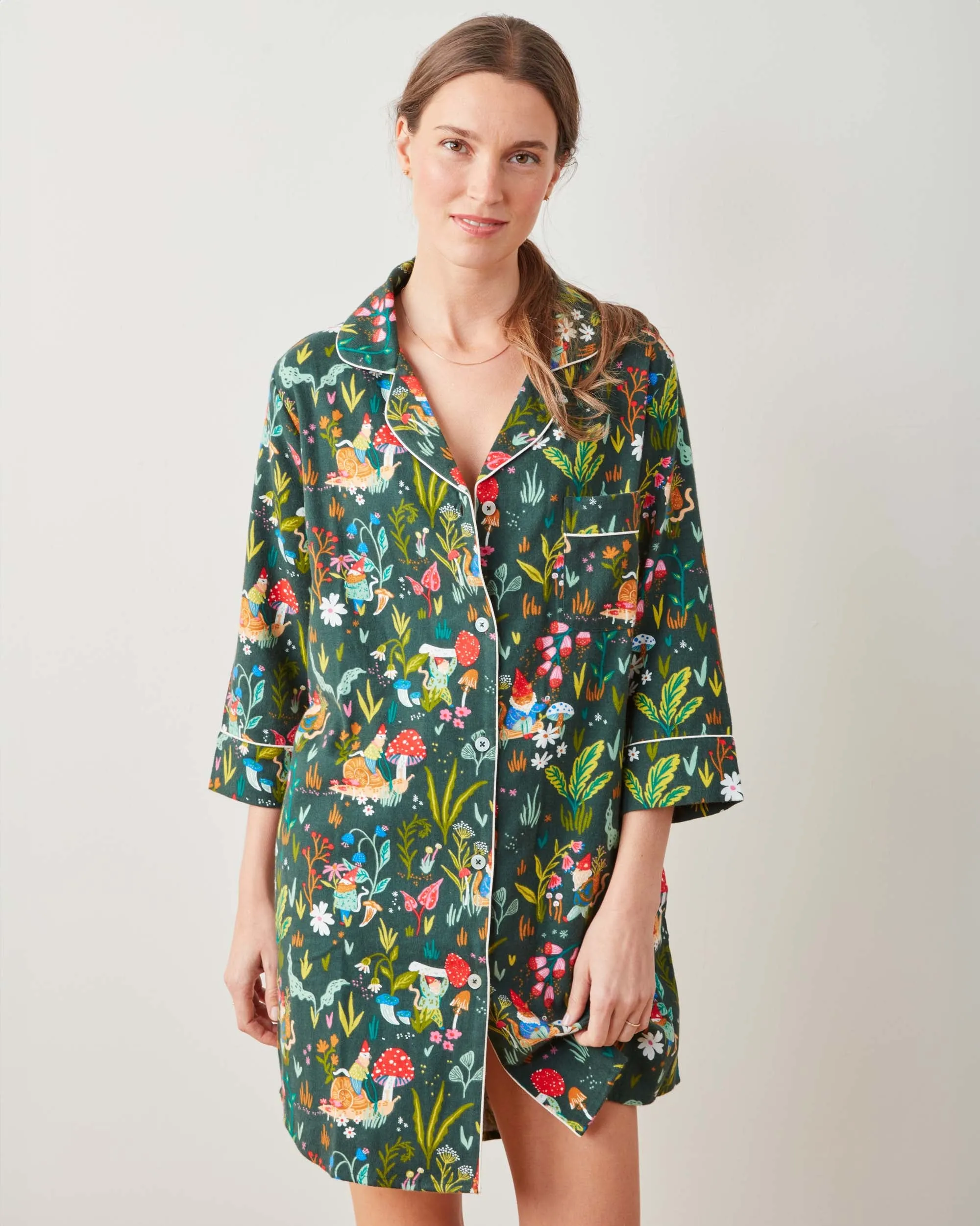 Gnome Garden - Midweight Flannel Sleep Shirt - Olive Tree sold by Printfresh product image thumbnail 3