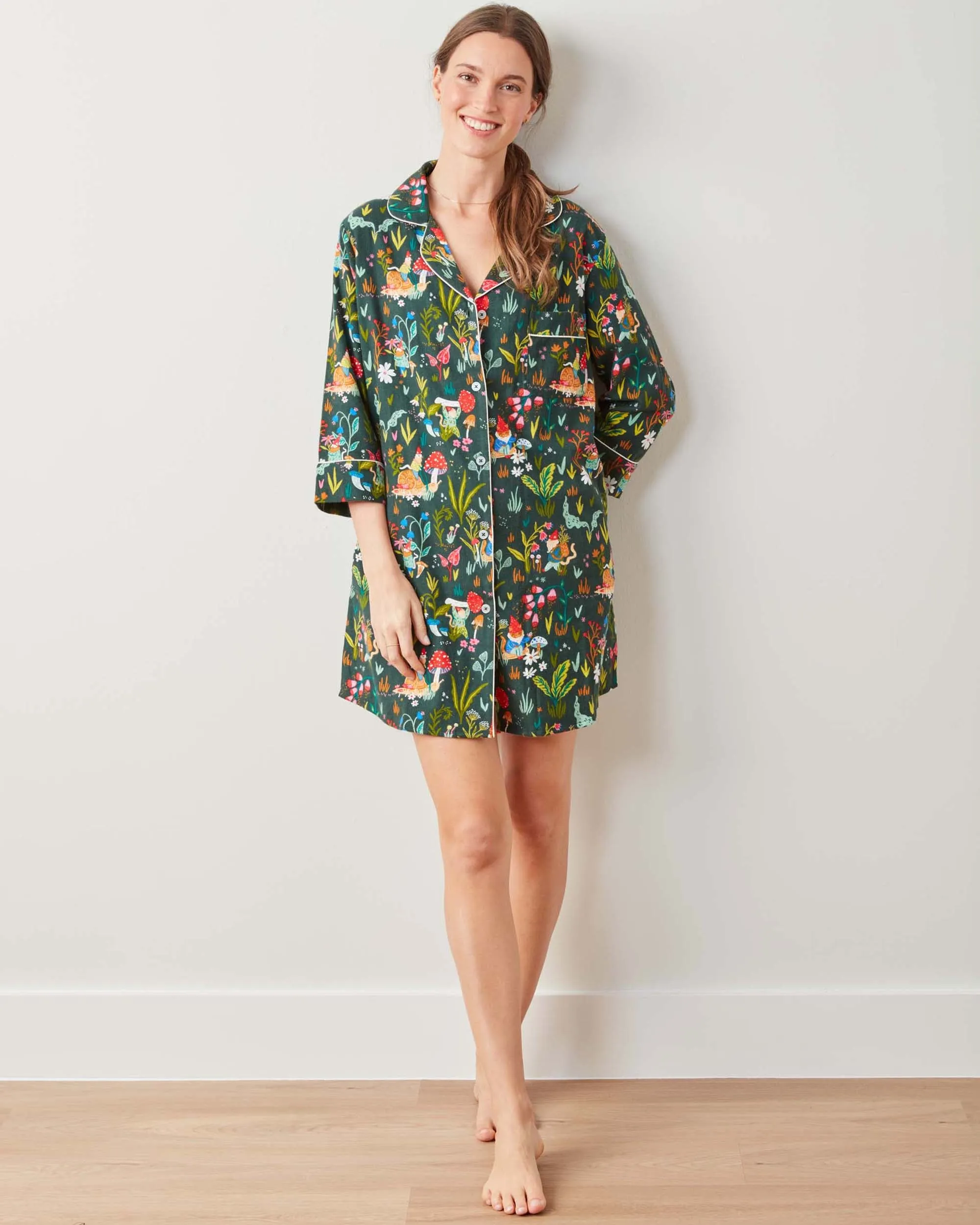 Gnome Garden - Midweight Flannel Sleep Shirt - Olive Tree sold by Printfresh product image thumbnail 2