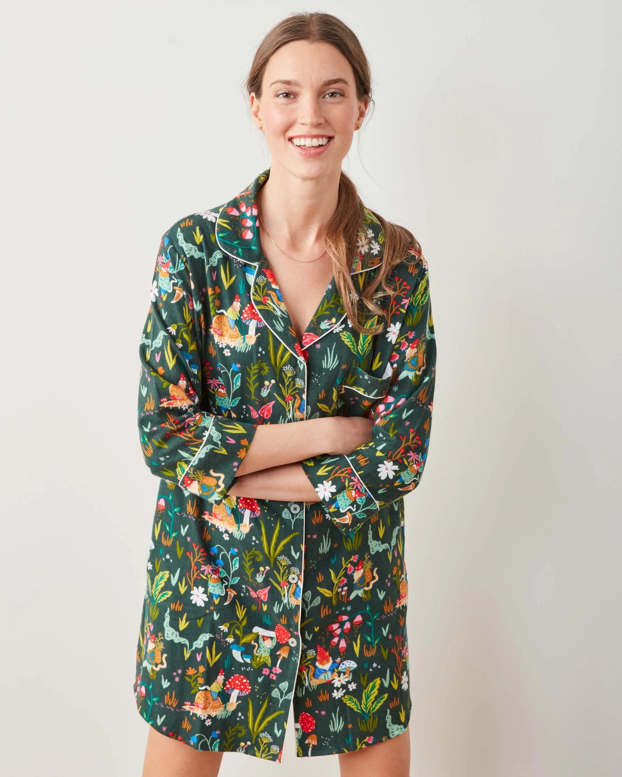 Gnome Garden - Midweight Flannel Sleep Shirt - Olive Tree sold by Printfresh